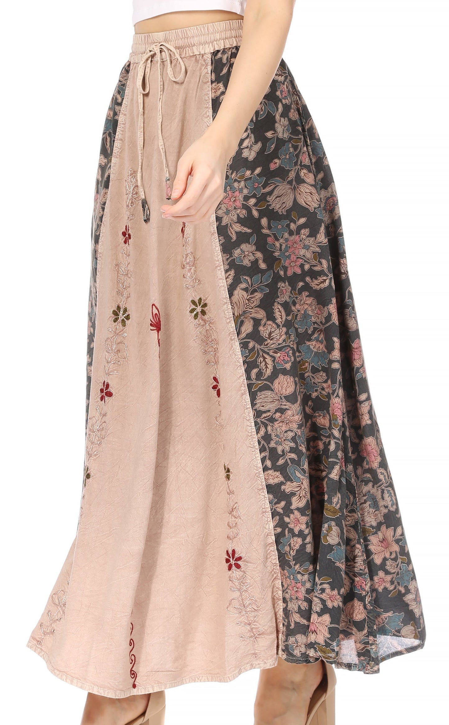 Sakkas Maran Women's Boho Embroidery Skirt with Lace Elastic Waist and Pockets - Concordia Style Boutique