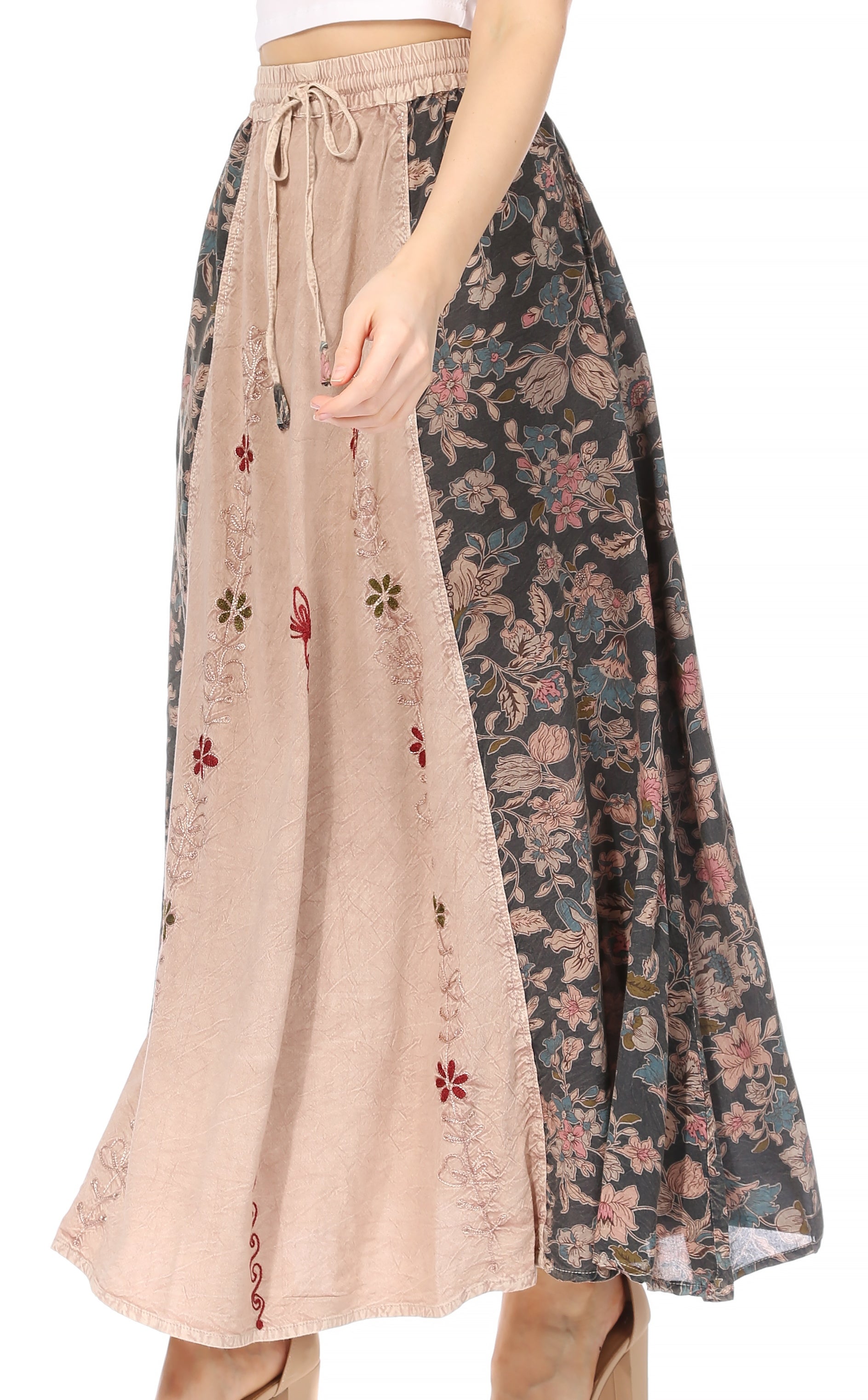 Sakkas Maran Women's Boho Embroidery Skirt with Lace Elastic Waist and Pockets - Concordia Style Boutique