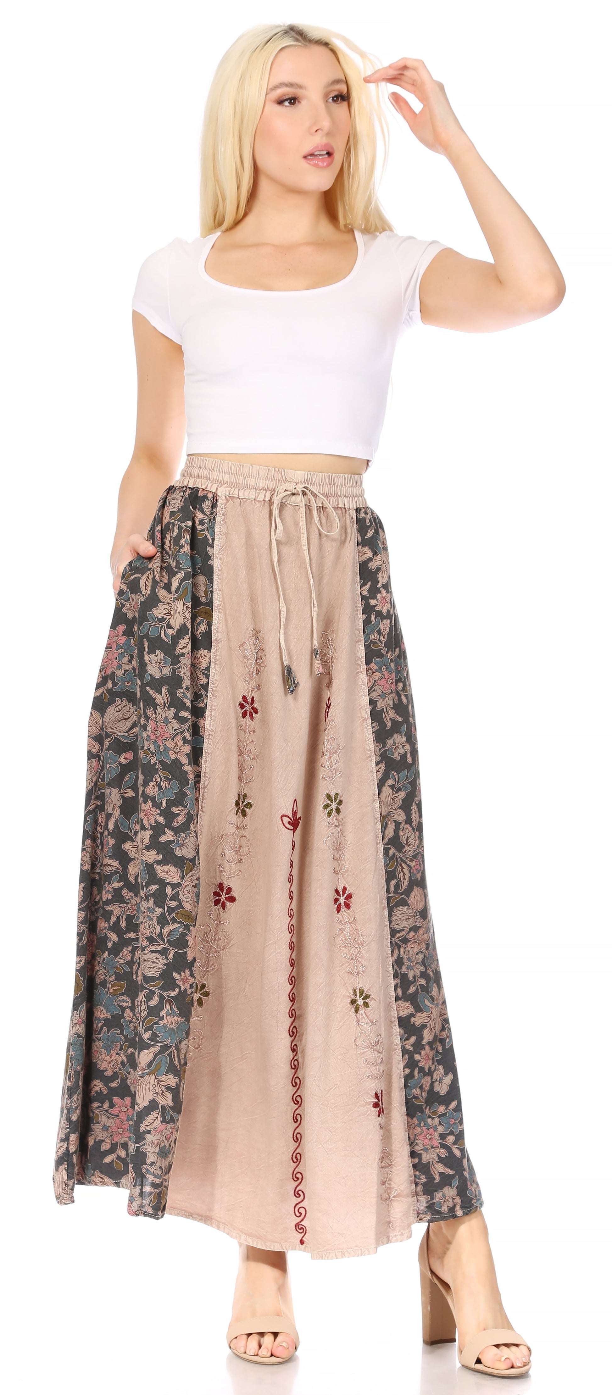 Sakkas Maran Women's Boho Embroidery Skirt with Lace Elastic Waist and Pockets - Concordia Style Boutique