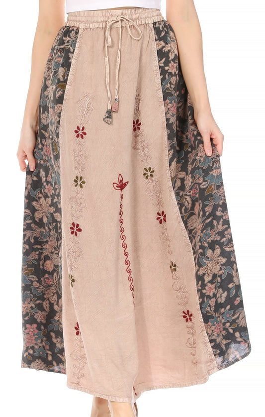 Sakkas Maran Women's Boho Embroidery Skirt with Lace Elastic Waist and Pockets - Concordia Style Boutique