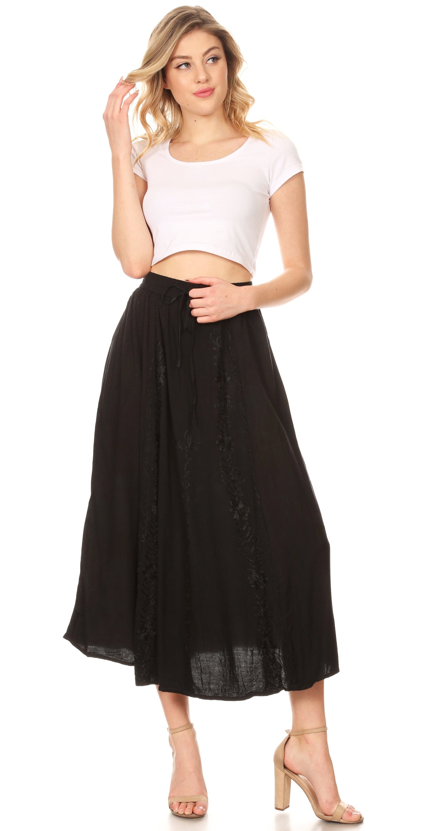 Sakkas Maran Women's Boho Embroidery Skirt with Lace Elastic Waist and Pockets - Concordia Style Boutique