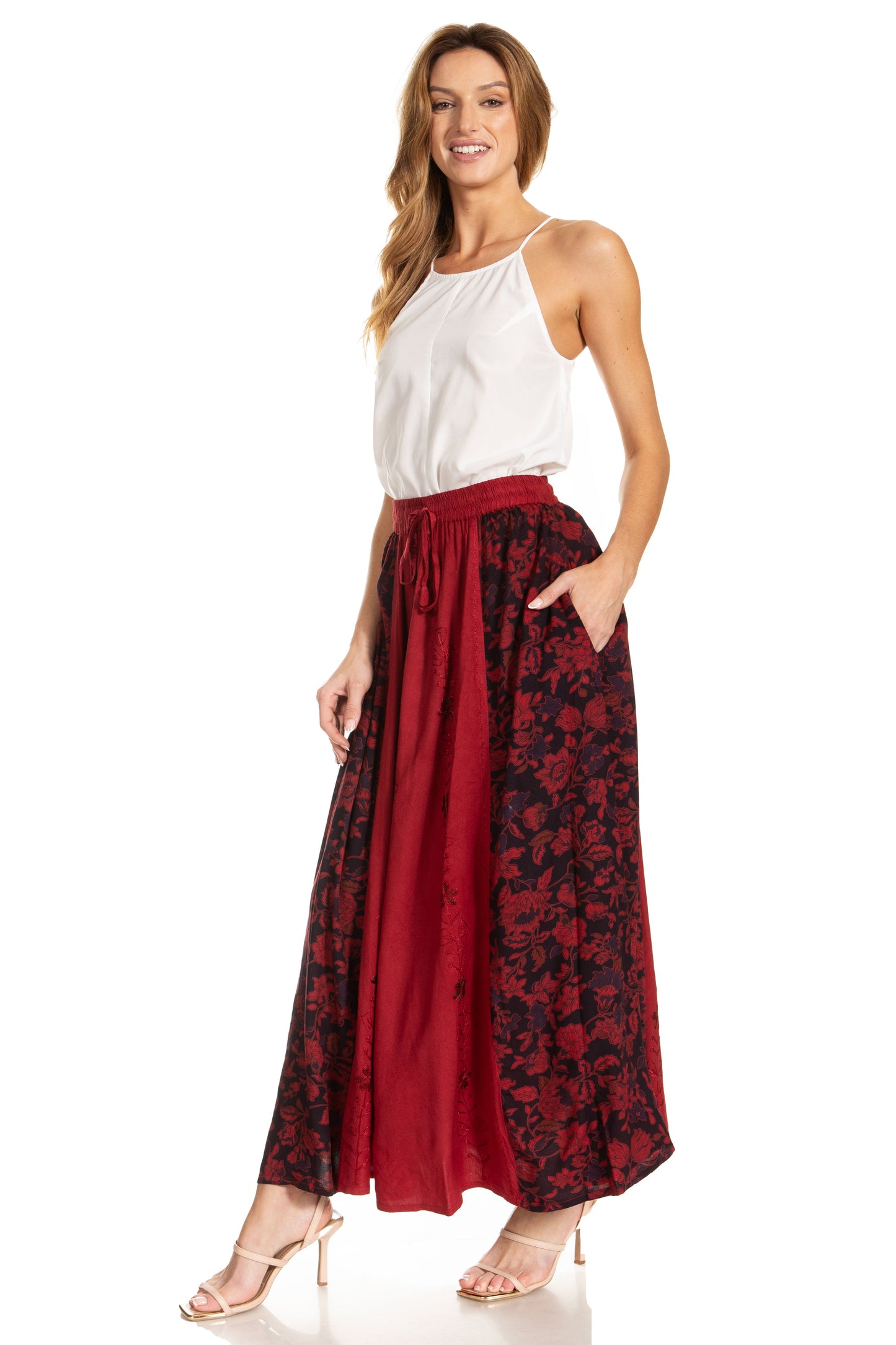 Sakkas Maran Women's Boho Embroidery Skirt with Lace Elastic Waist and Pockets - Concordia Style Boutique