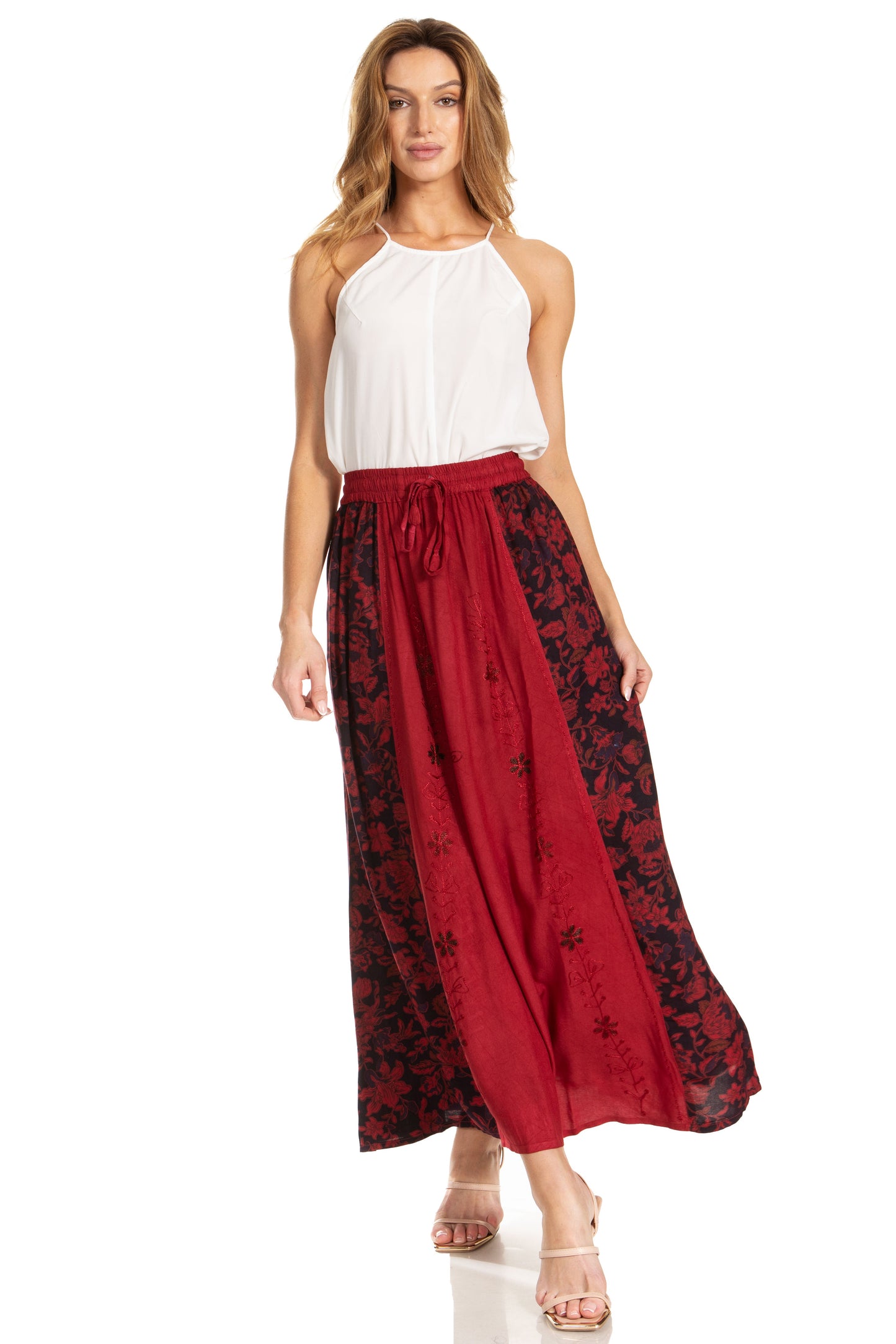Sakkas Maran Women's Boho Embroidery Skirt with Lace Elastic Waist and Pockets - Concordia Style Boutique