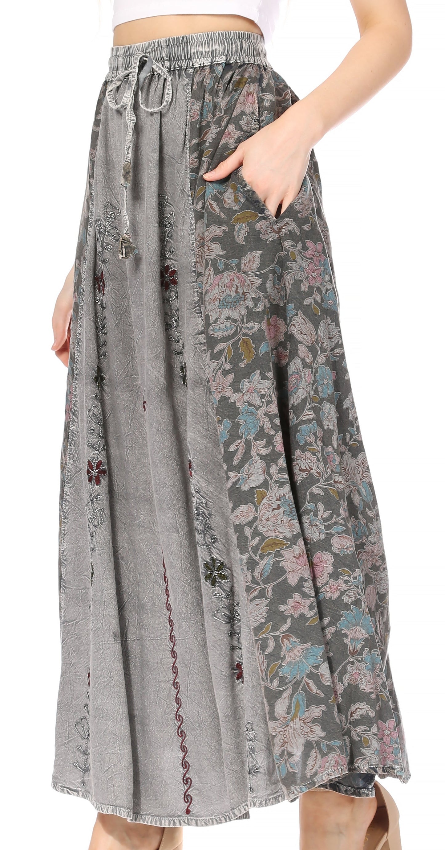 Sakkas Maran Women's Boho Embroidery Skirt with Lace Elastic Waist and Pockets - Concordia Style Boutique