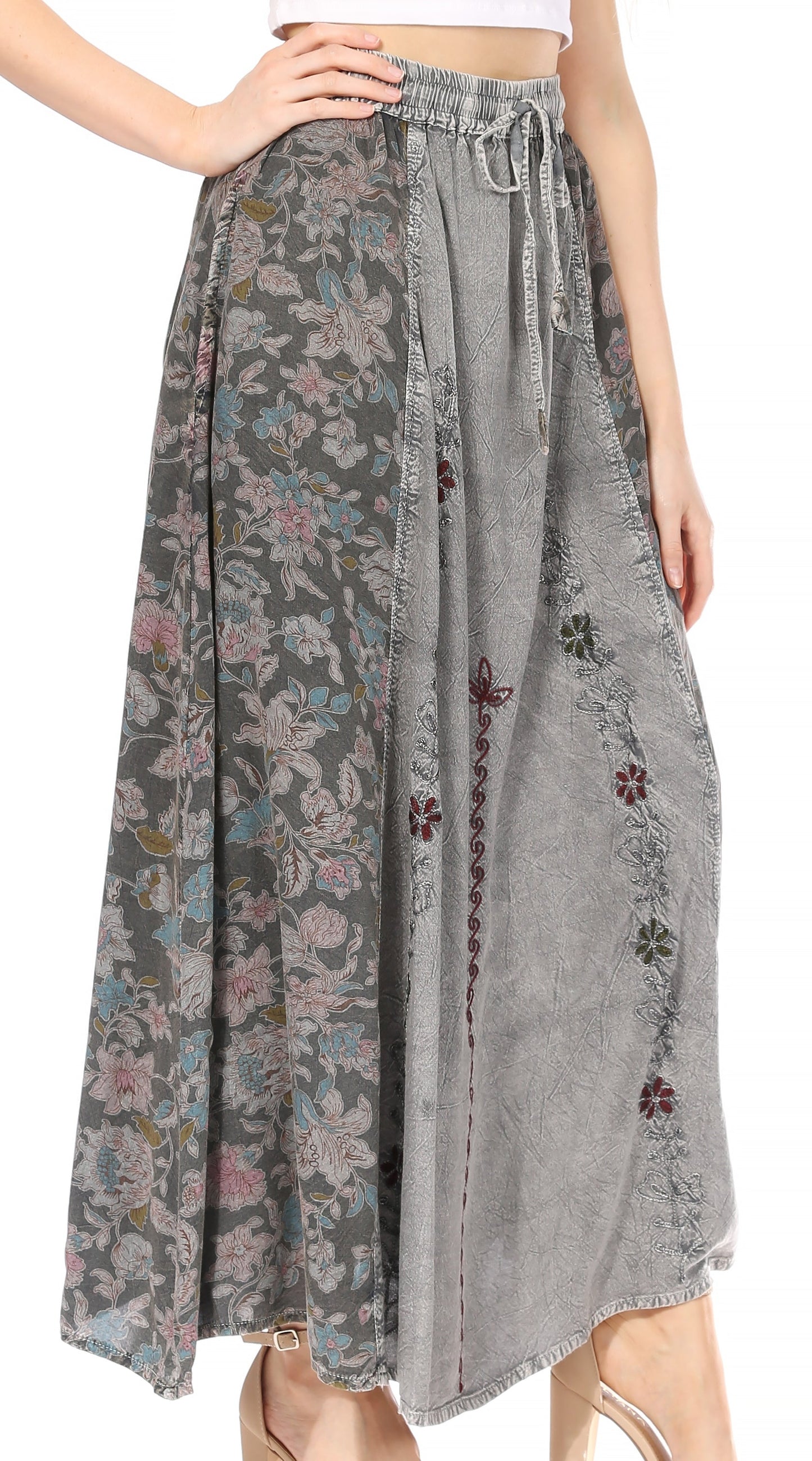 Sakkas Maran Women's Boho Embroidery Skirt with Lace Elastic Waist and Pockets - Concordia Style Boutique