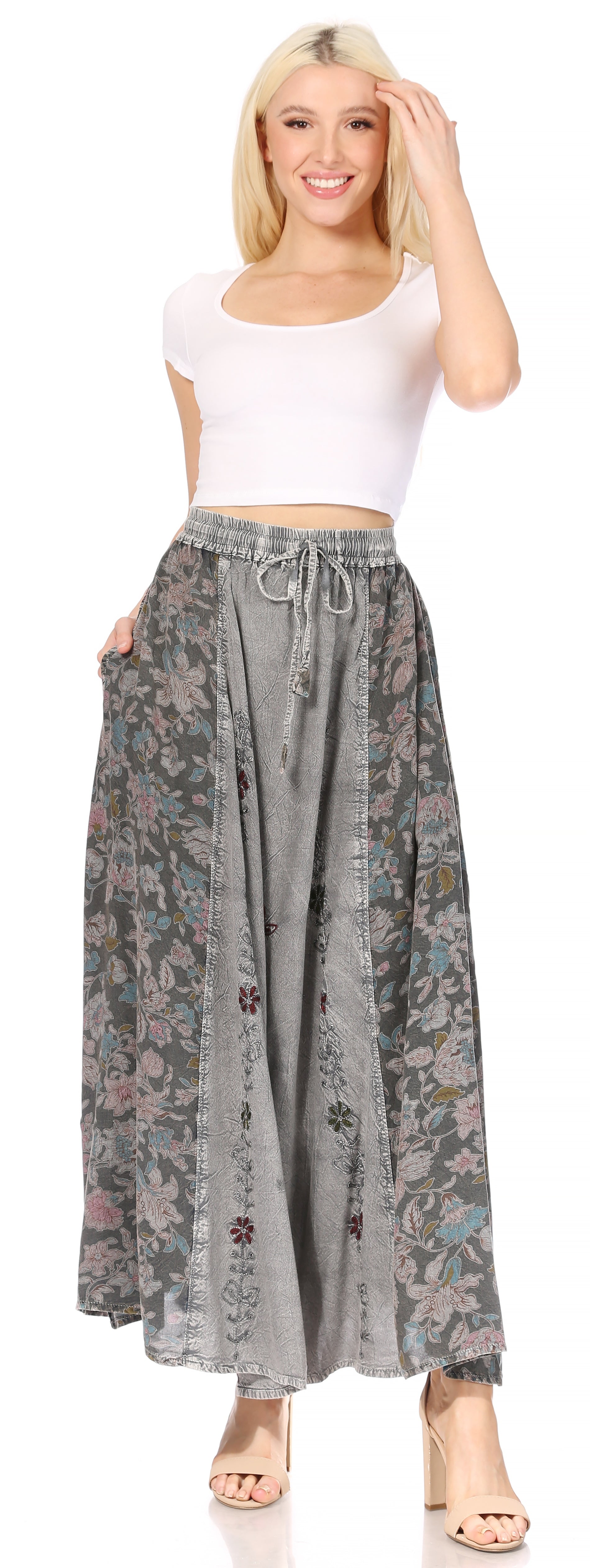Sakkas Maran Women's Boho Embroidery Skirt with Lace Elastic Waist and Pockets - Concordia Style Boutique