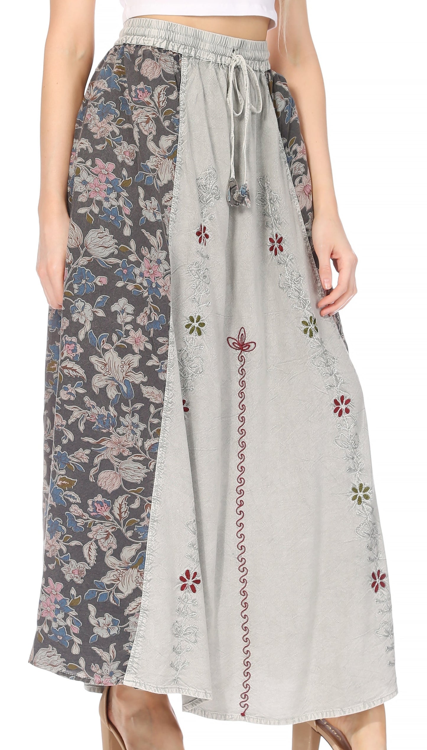 Sakkas Maran Women's Boho Embroidery Skirt with Lace Elastic Waist and Pockets - Concordia Style Boutique