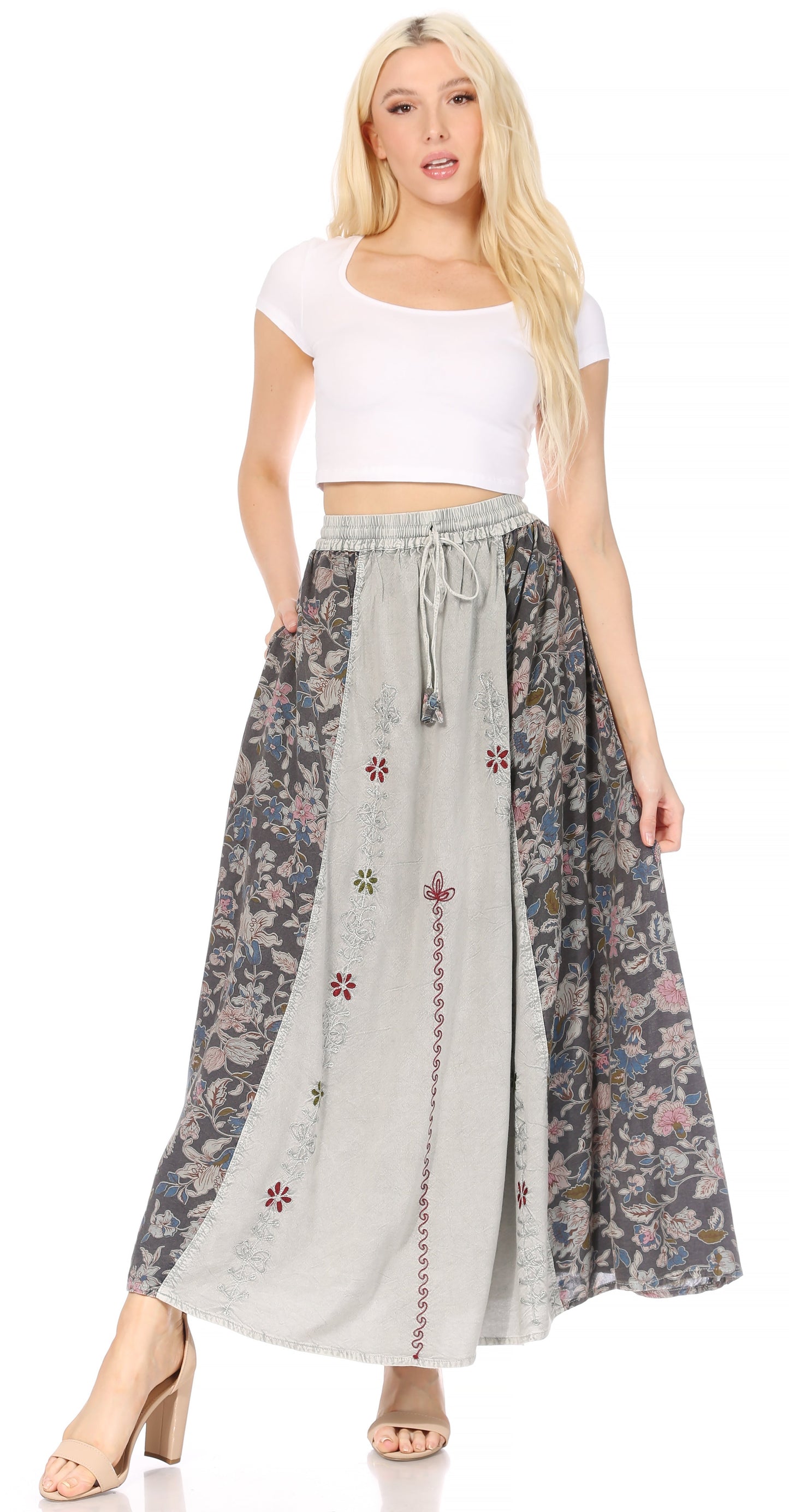 Sakkas Maran Women's Boho Embroidery Skirt with Lace Elastic Waist and Pockets - Concordia Style Boutique