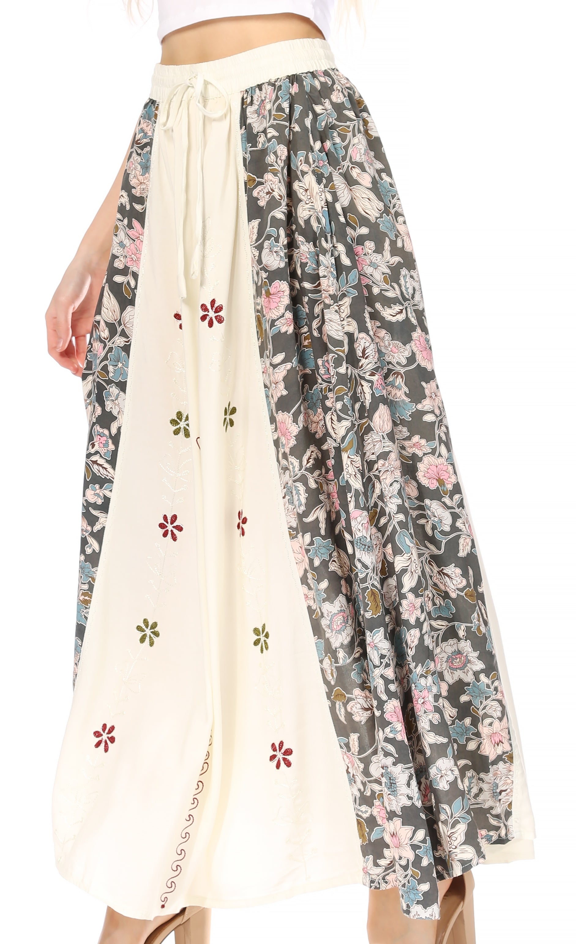 Sakkas Maran Women's Boho Embroidery Skirt with Lace Elastic Waist and Pockets - Concordia Style Boutique