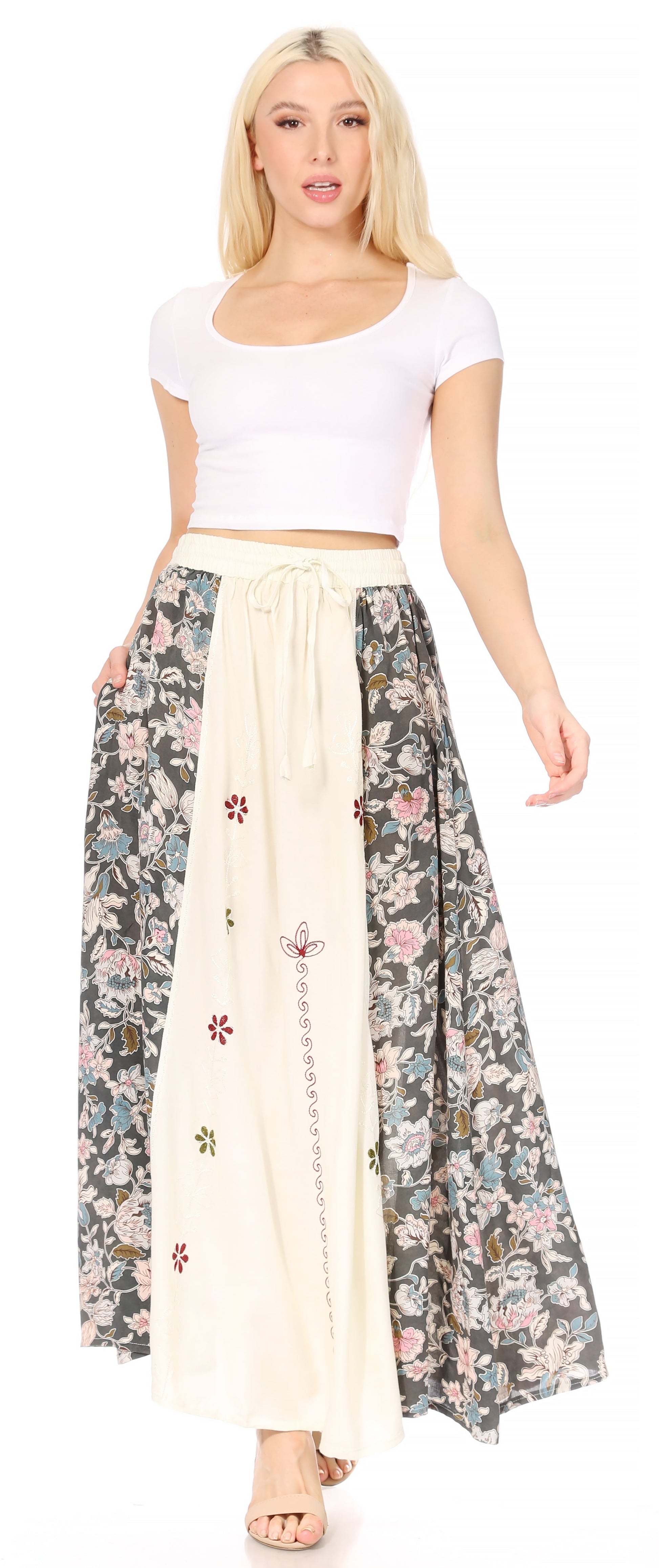 Sakkas Maran Women's Boho Embroidery Skirt with Lace Elastic Waist and Pockets - Concordia Style Boutique