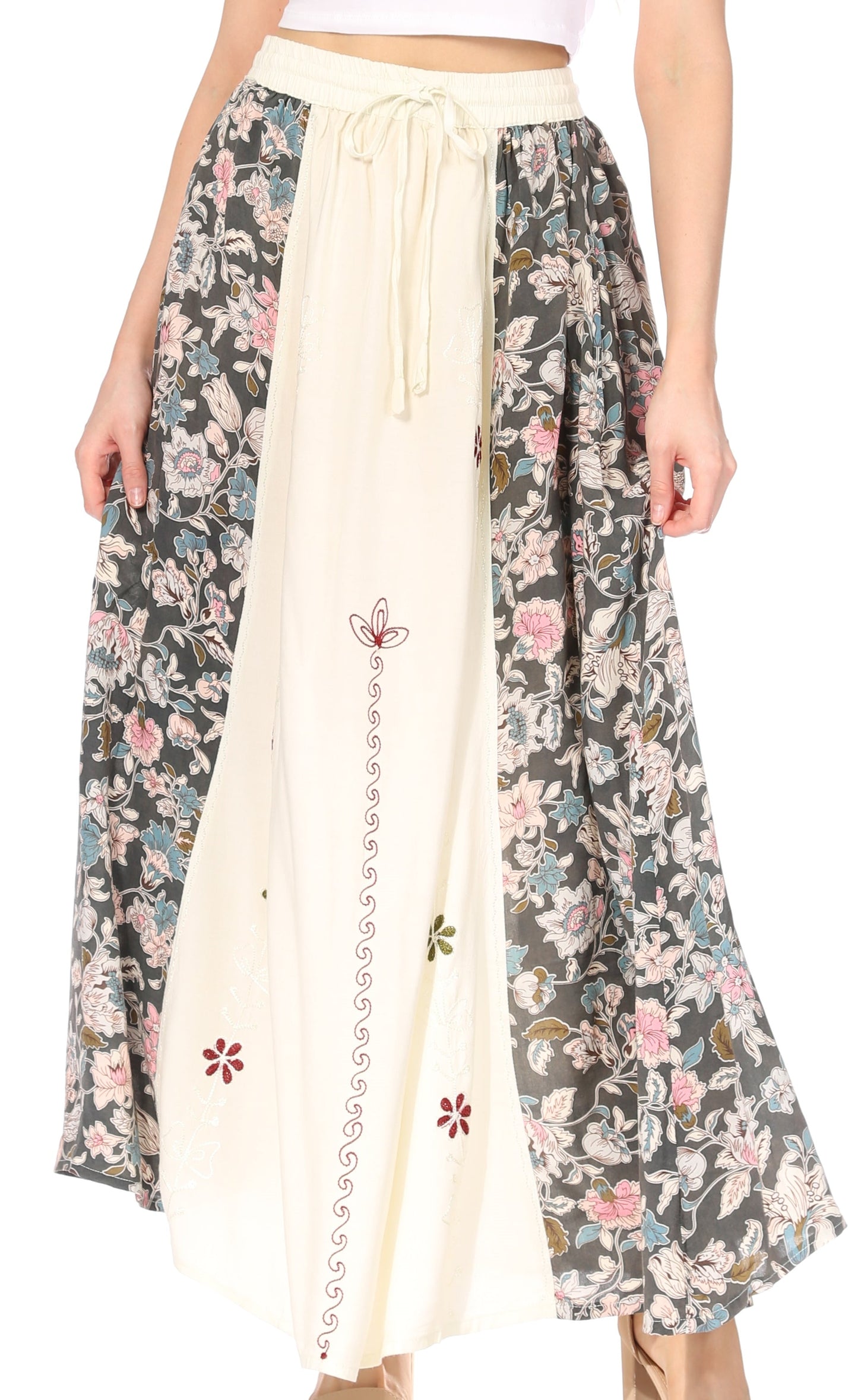 Sakkas Maran Women's Boho Embroidery Skirt with Lace Elastic Waist and Pockets - Concordia Style Boutique