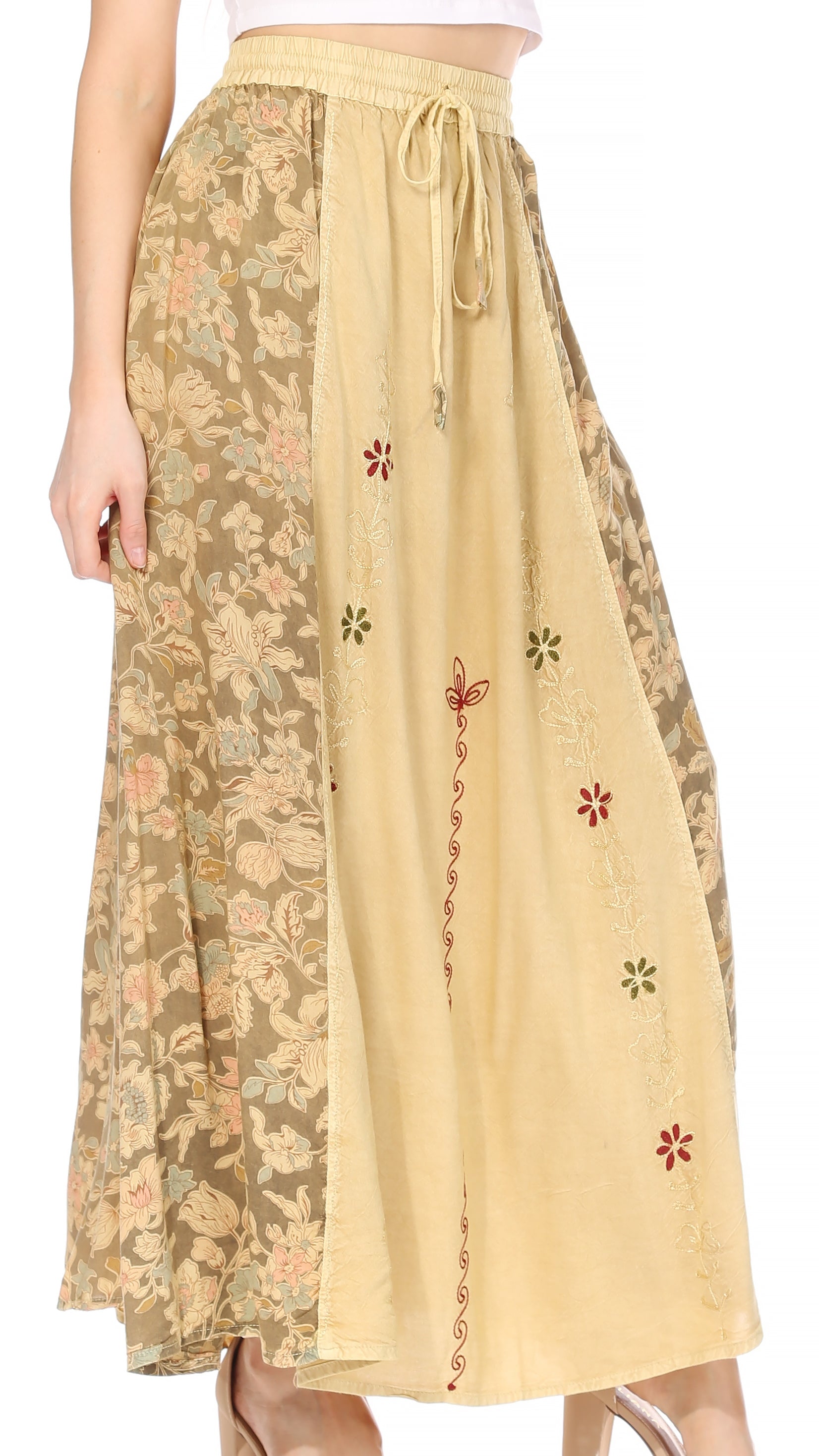 Sakkas Maran Women's Boho Embroidery Skirt with Lace Elastic Waist and Pockets - Concordia Style Boutique
