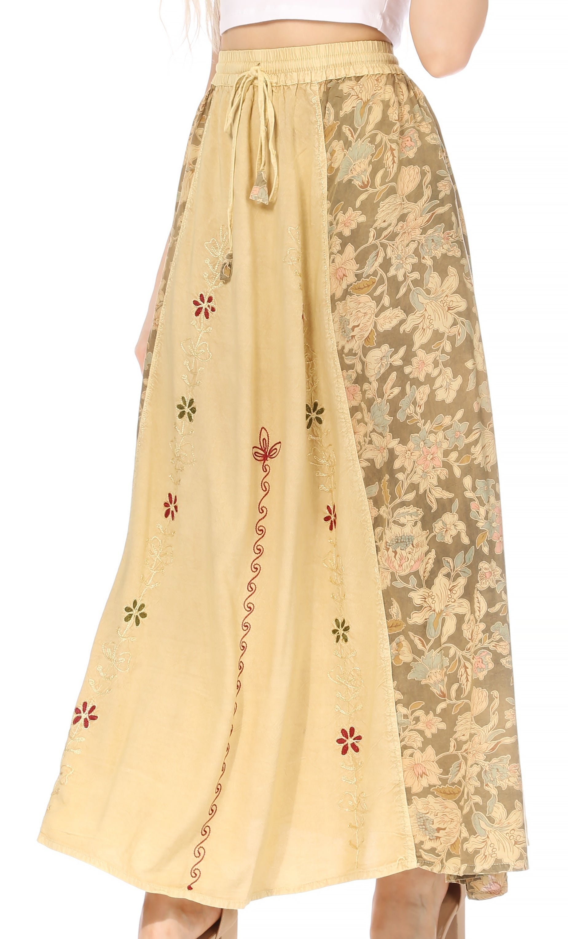 Sakkas Maran Women's Boho Embroidery Skirt with Lace Elastic Waist and Pockets - Concordia Style Boutique