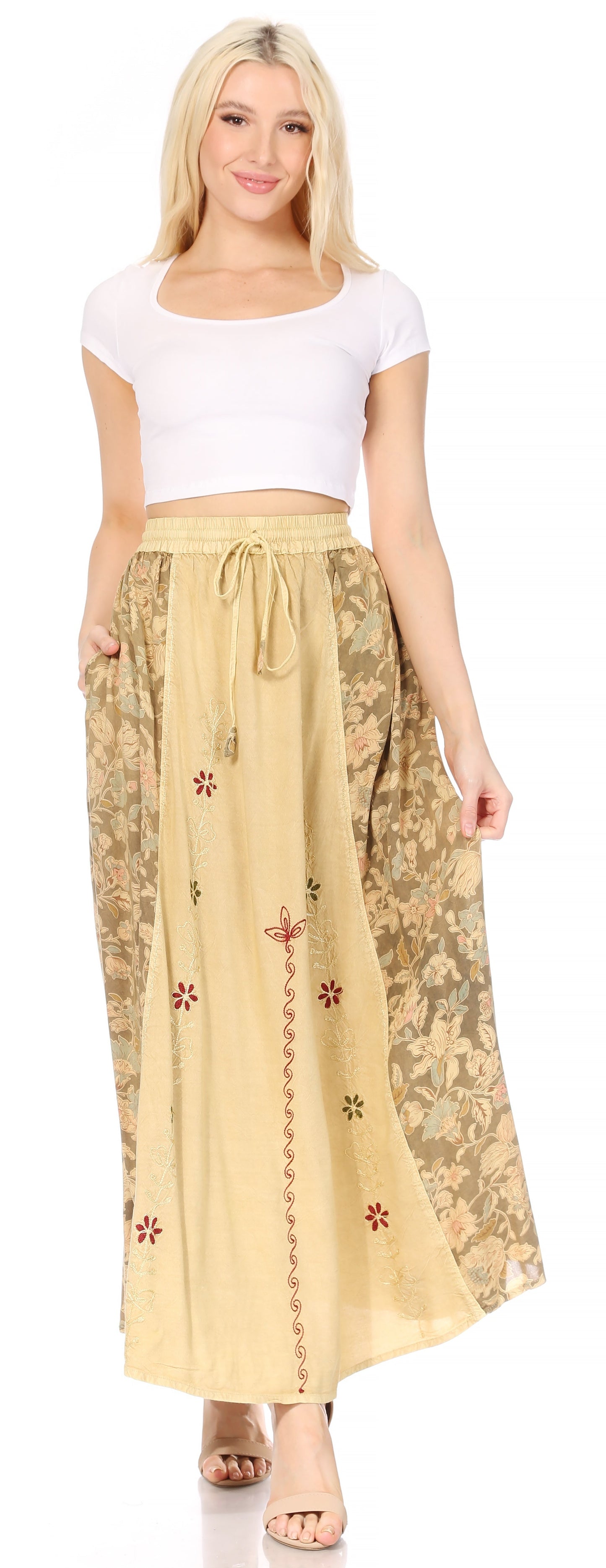 Sakkas Maran Women's Boho Embroidery Skirt with Lace Elastic Waist and Pockets - Concordia Style Boutique