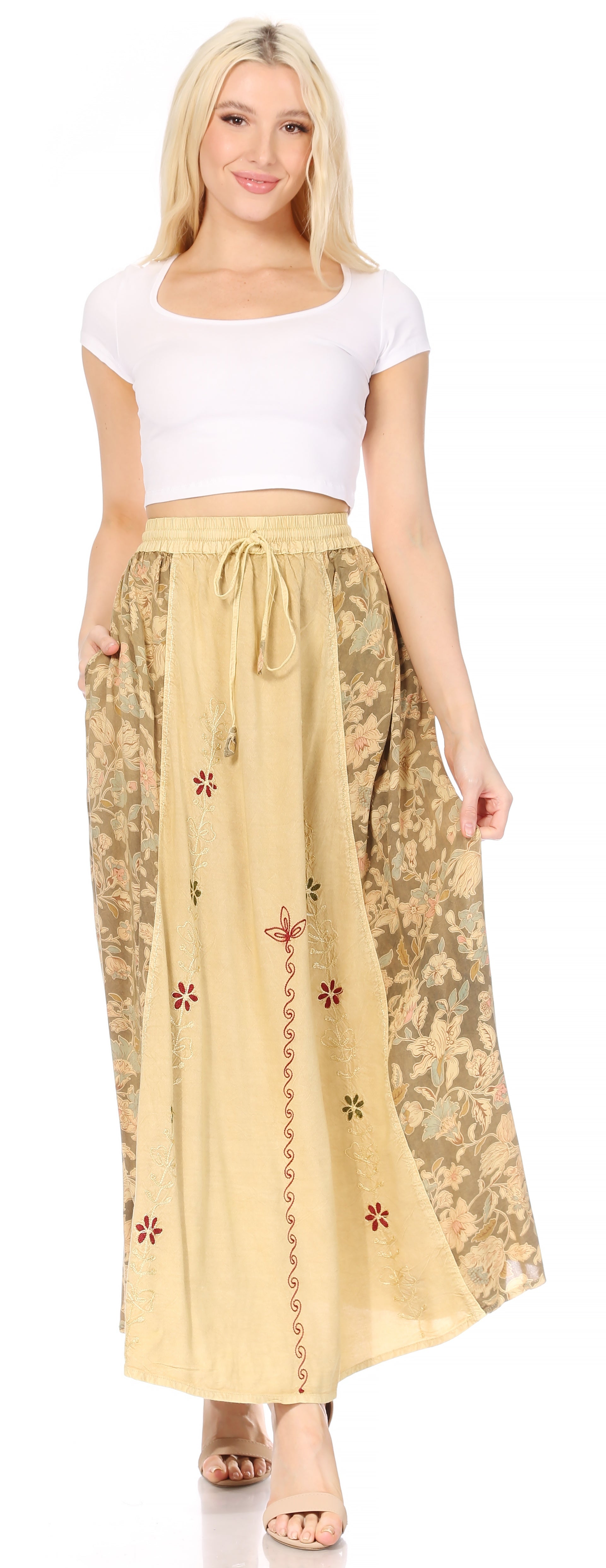 Sakkas Maran Women's Boho Embroidery Skirt with Lace Elastic Waist and Pockets - Concordia Style Boutique