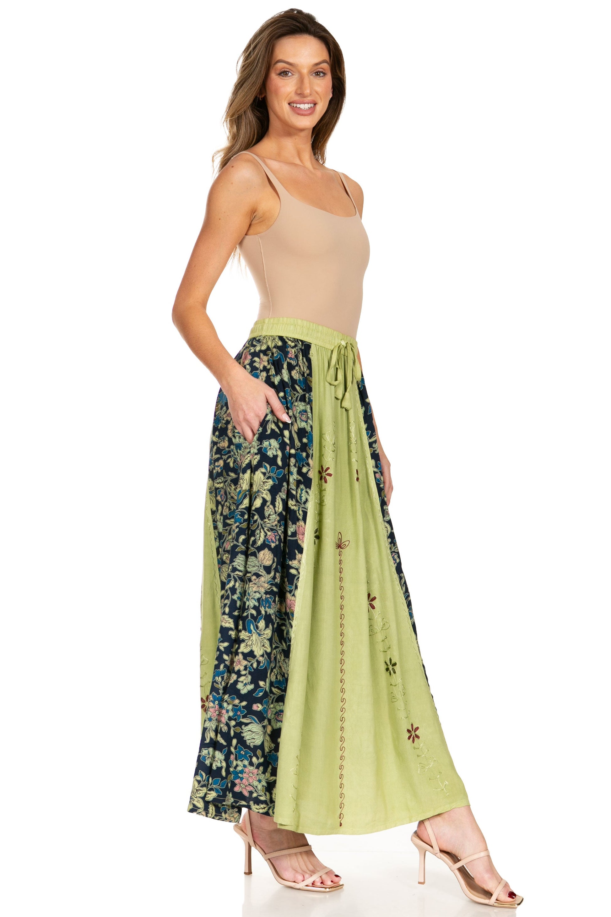 Sakkas Maran Women's Boho Embroidery Skirt with Lace Elastic Waist and Pockets - Concordia Style Boutique