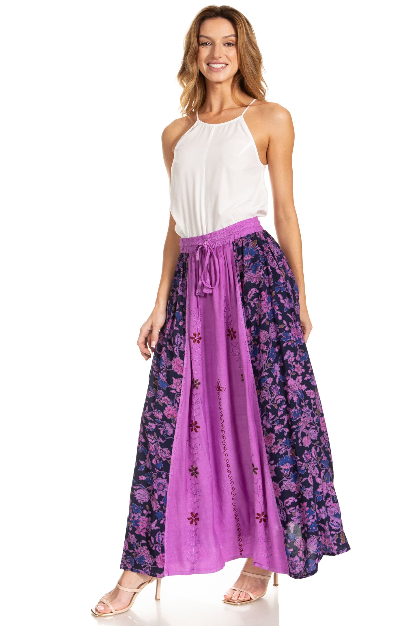 Sakkas Maran Women's Boho Embroidery Skirt with Lace Elastic Waist and Pockets - Concordia Style Boutique