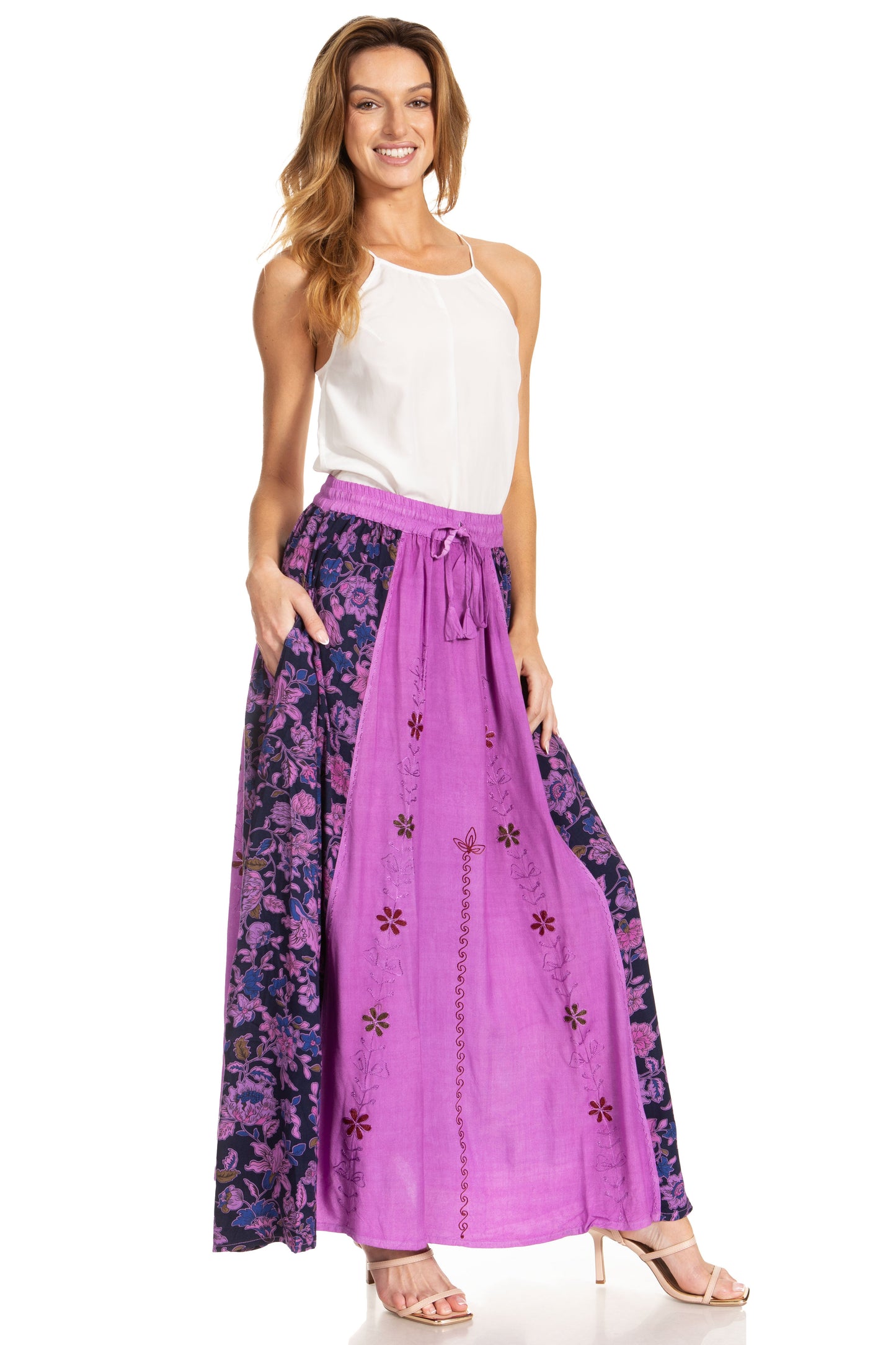 Sakkas Maran Women's Boho Embroidery Skirt with Lace Elastic Waist and Pockets - Concordia Style Boutique