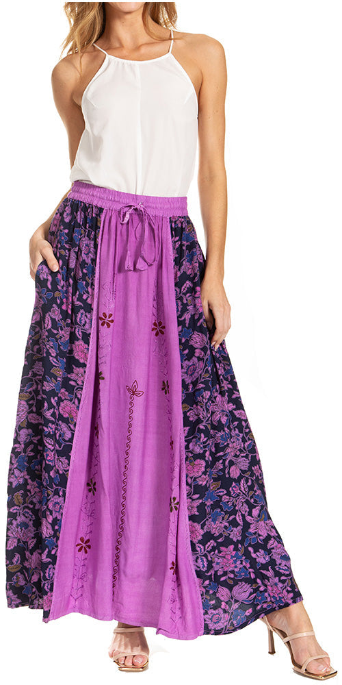 Sakkas Maran Women's Boho Embroidery Skirt with Lace Elastic Waist and Pockets - Concordia Style Boutique