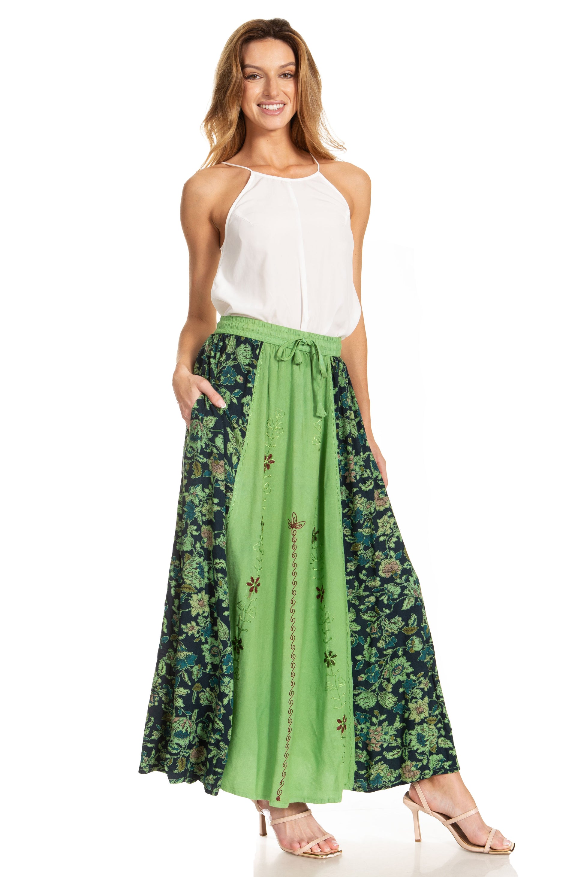 Sakkas Maran Women's Boho Embroidery Skirt with Lace Elastic Waist and Pockets - Concordia Style Boutique