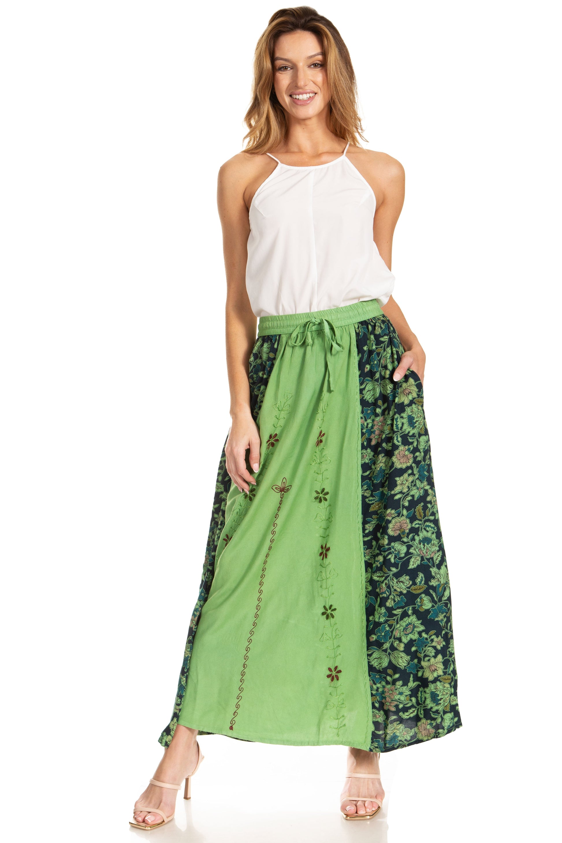 Sakkas Maran Women's Boho Embroidery Skirt with Lace Elastic Waist and Pockets - Concordia Style Boutique