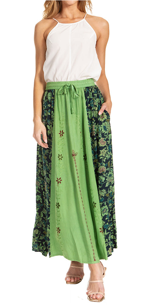 Sakkas Maran Women's Boho Embroidery Skirt with Lace Elastic Waist and Pockets - Concordia Style Boutique