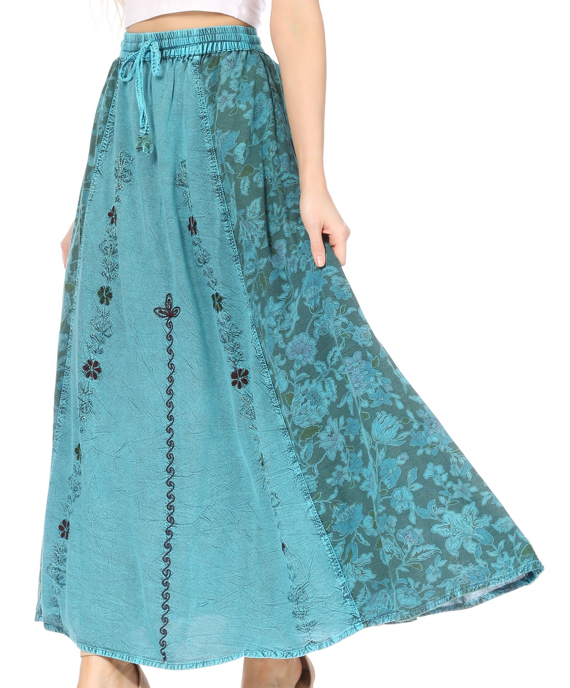 Sakkas Maran Women's Boho Embroidery Skirt with Lace Elastic Waist and Pockets - Concordia Style Boutique