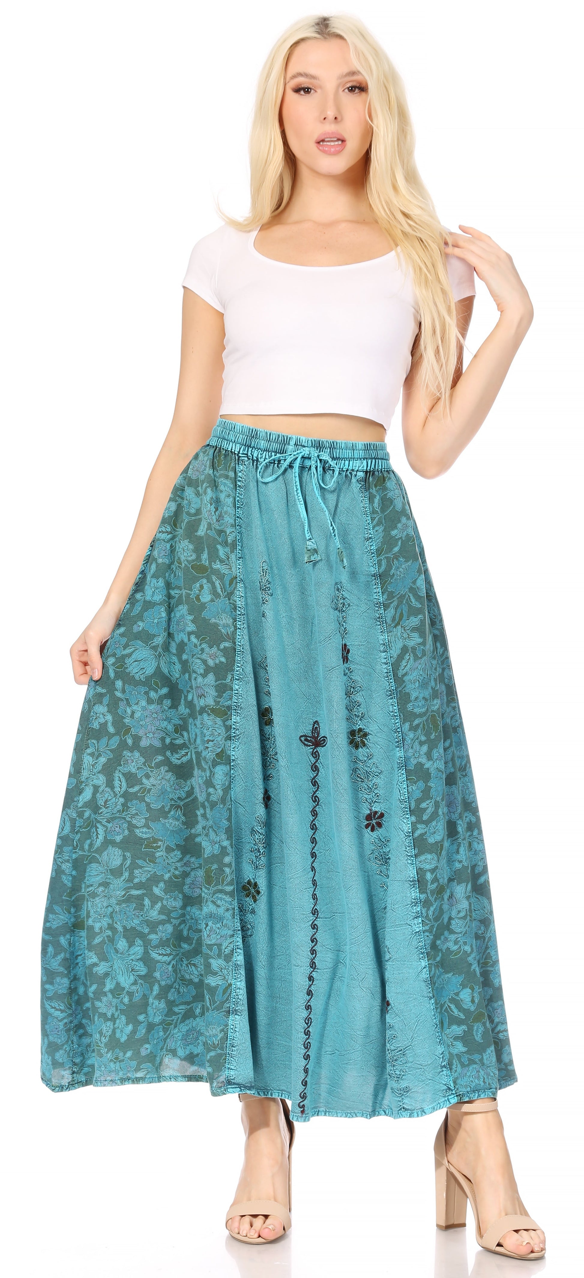 Sakkas Maran Women's Boho Embroidery Skirt with Lace Elastic Waist and Pockets - Concordia Style Boutique