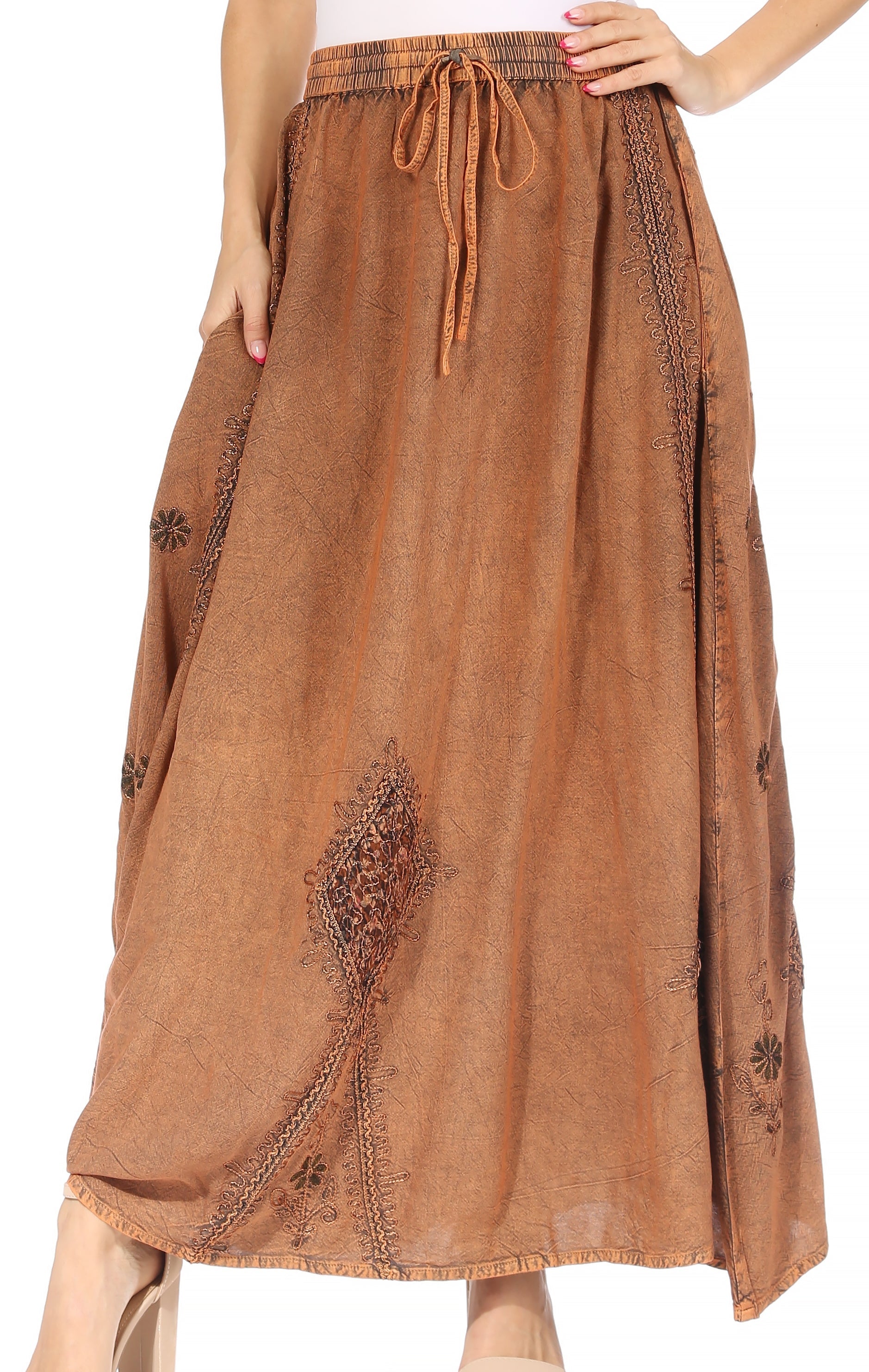 Sakkas Zarah Women's Boho Embroidery Gypsy Skirt with Lace Elastic Waist Pockets - Concordia Style Boutique