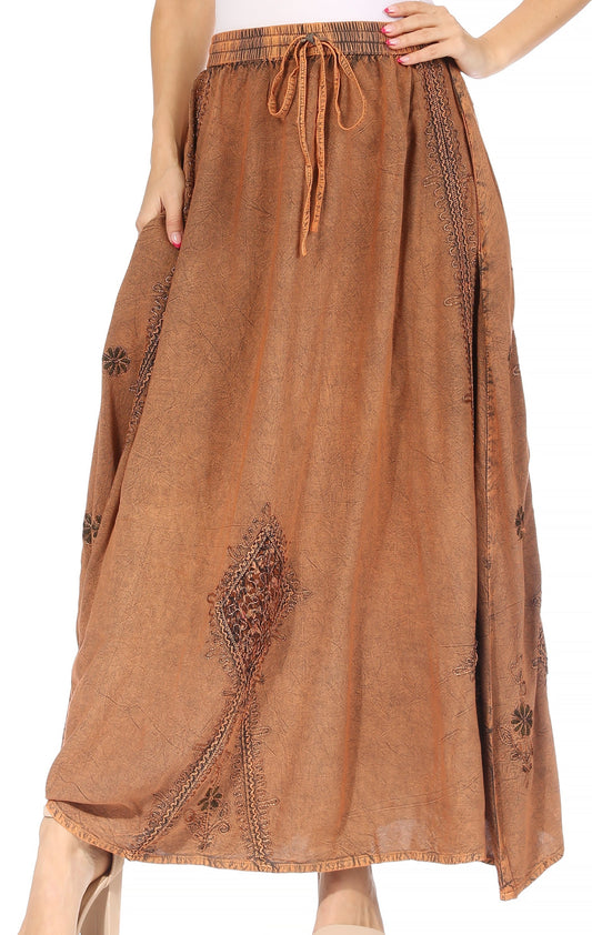 Sakkas Zarah Women's Boho Embroidery Gypsy Skirt with Lace Elastic Waist Pockets - Concordia Style Boutique