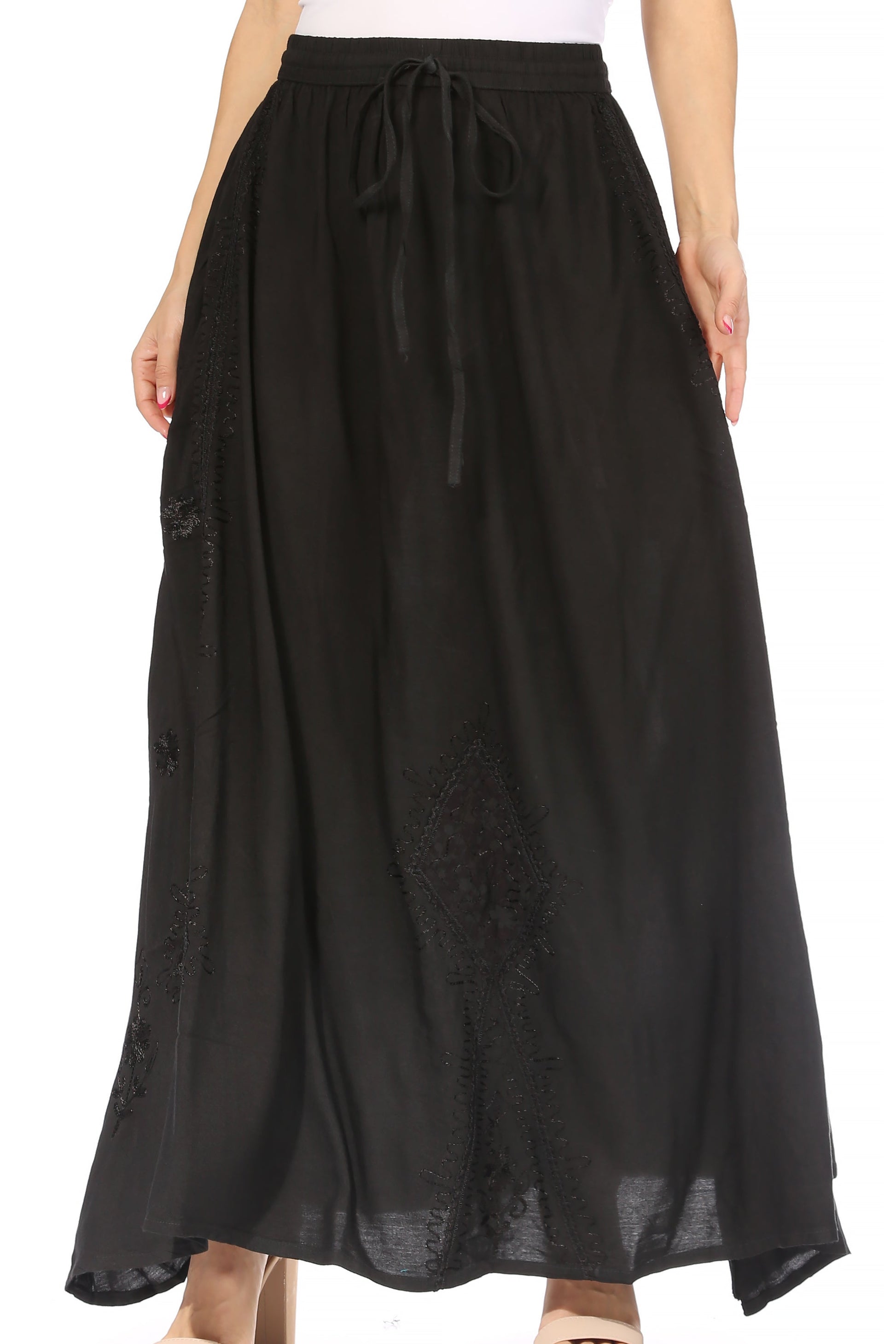 Sakkas Zarah Women's Boho Embroidery Gypsy Skirt with Lace Elastic Waist Pockets - Concordia Style Boutique