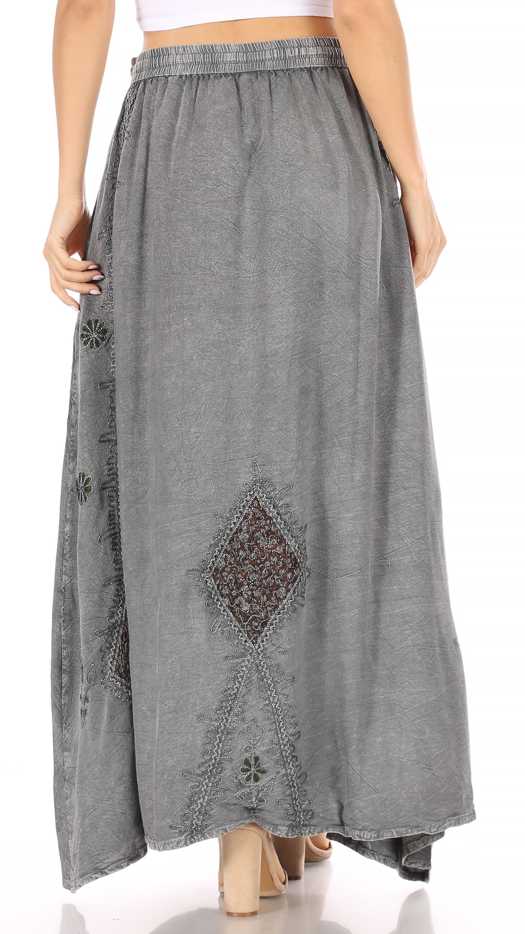 Sakkas Zarah Women's Boho Embroidery Gypsy Skirt with Lace Elastic Waist Pockets - Concordia Style Boutique