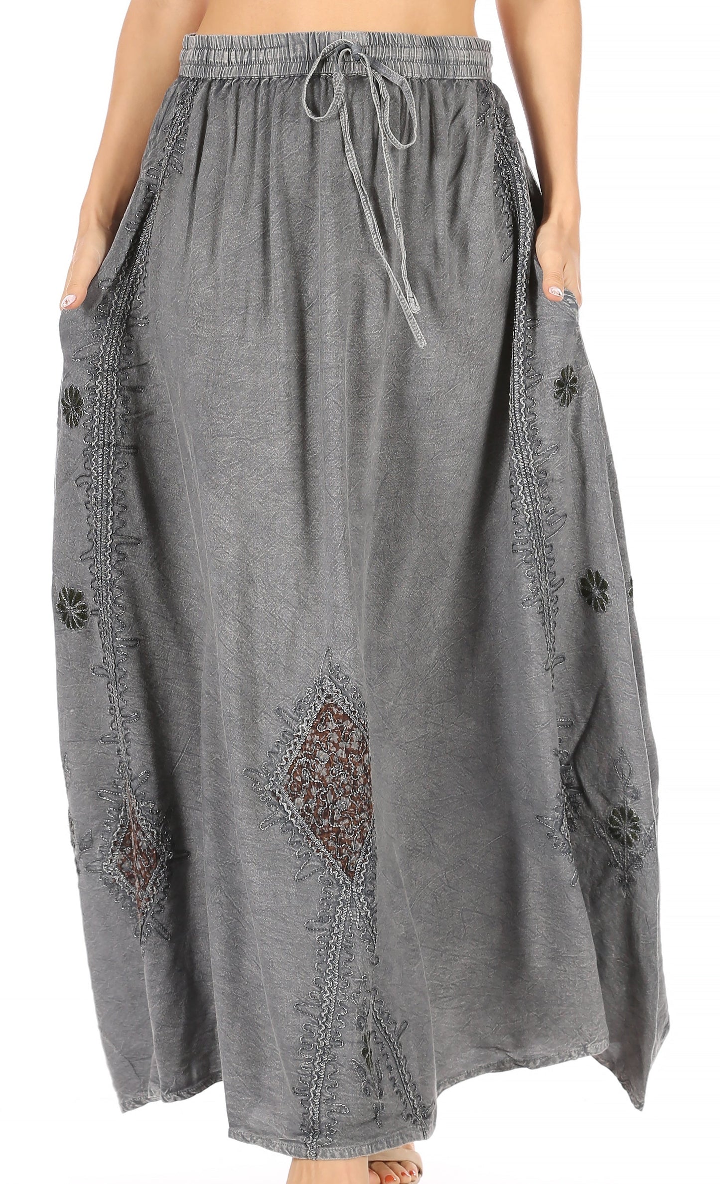 Sakkas Zarah Women's Boho Embroidery Gypsy Skirt with Lace Elastic Waist Pockets - Concordia Style Boutique