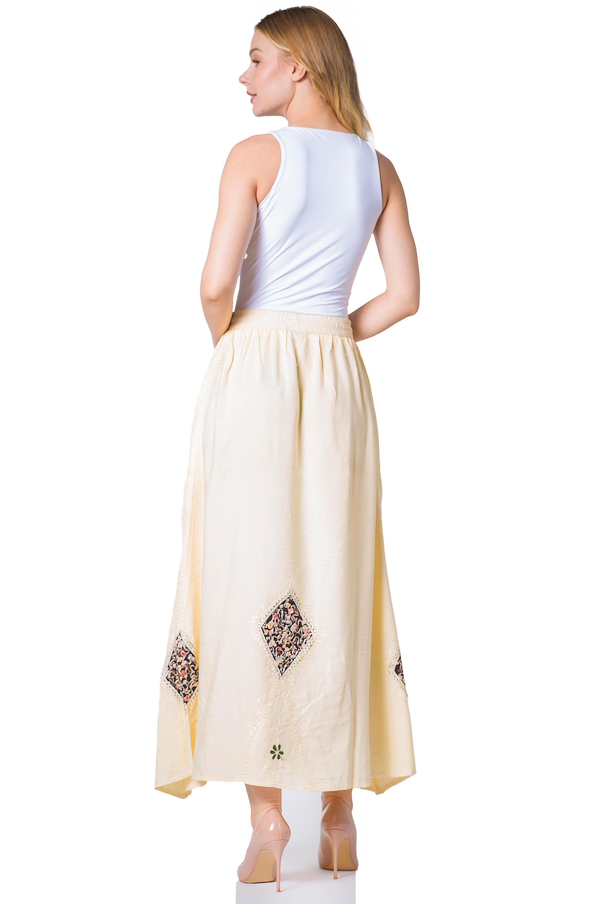 Sakkas Zarah Women's Boho Embroidery Gypsy Skirt with Lace Elastic Waist Pockets - Concordia Style Boutique