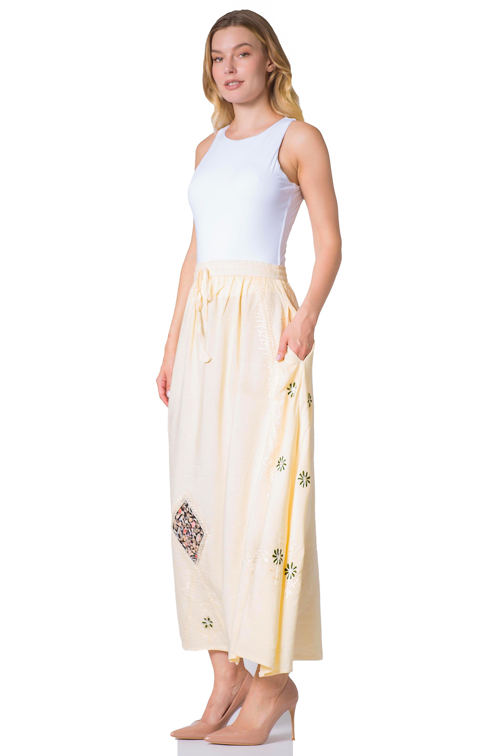 Sakkas Zarah Women's Boho Embroidery Gypsy Skirt with Lace Elastic Waist Pockets - Concordia Style Boutique