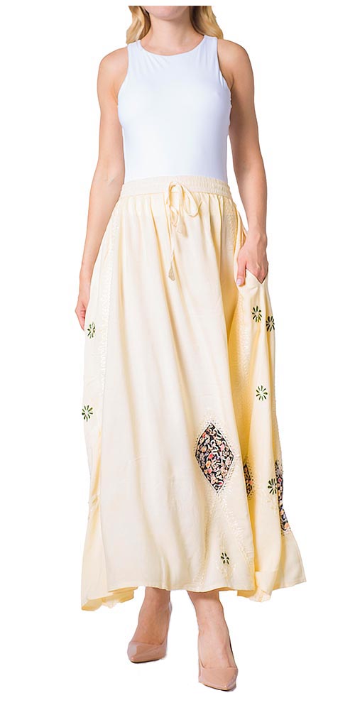 Sakkas Zarah Women's Boho Embroidery Gypsy Skirt with Lace Elastic Waist Pockets - Concordia Style Boutique