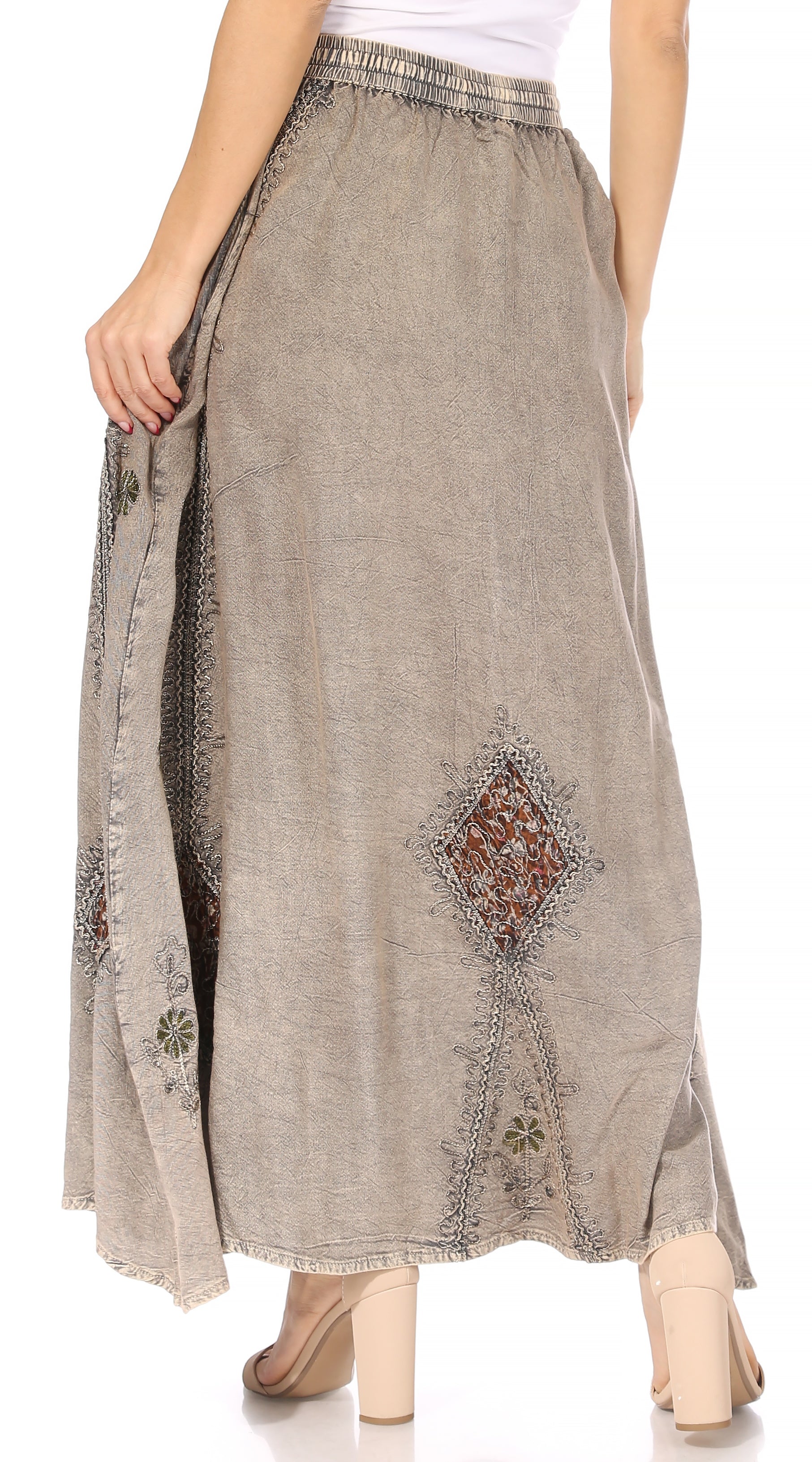 Sakkas Zarah Women's Boho Embroidery Gypsy Skirt with Lace Elastic Waist Pockets - Concordia Style Boutique