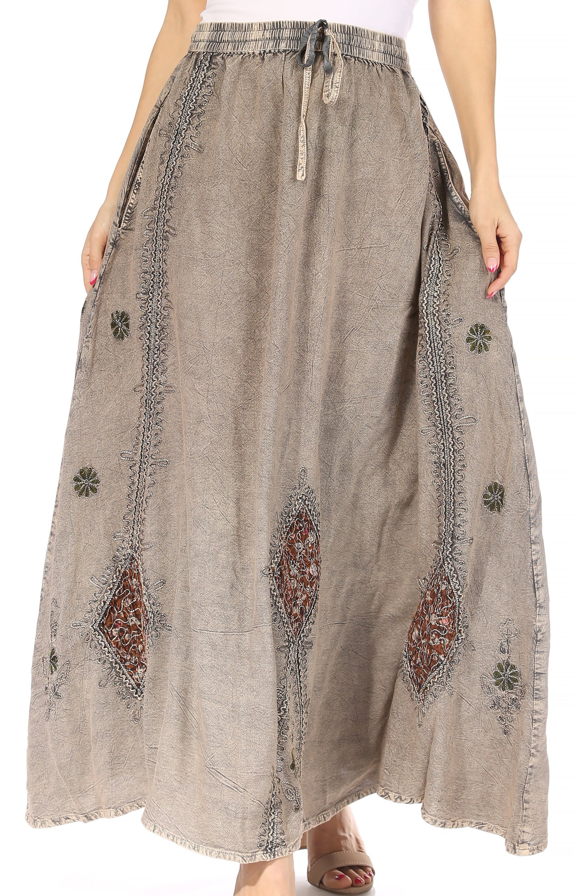 Sakkas Zarah Women's Boho Embroidery Gypsy Skirt with Lace Elastic Waist Pockets - Concordia Style Boutique