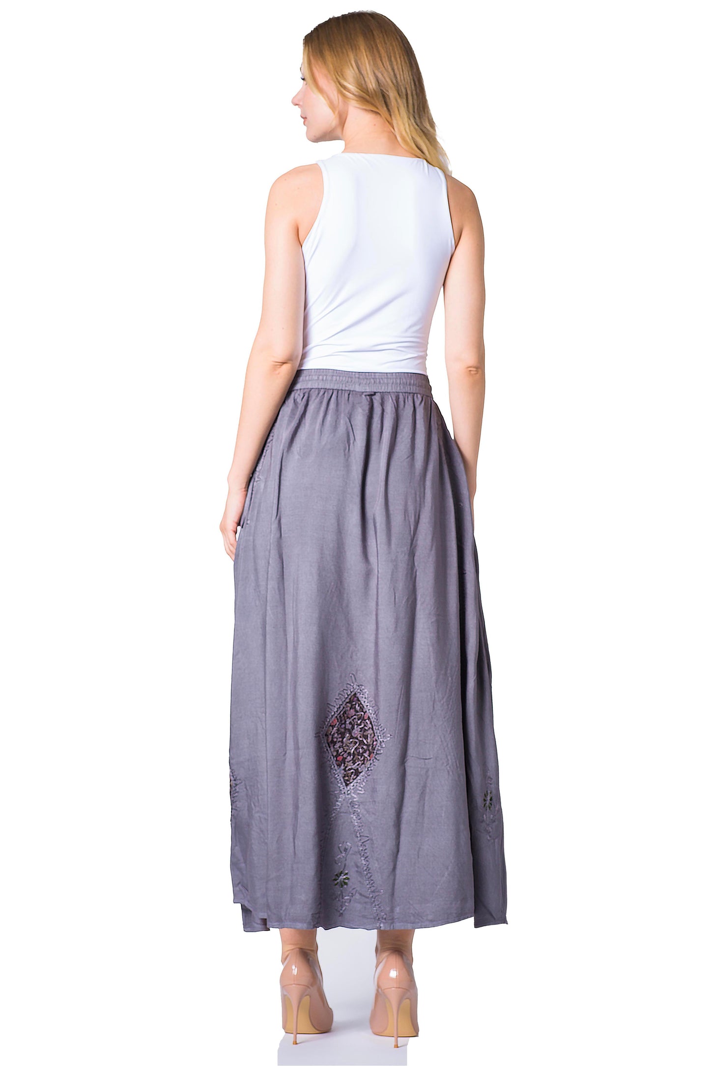 Sakkas Zarah Women's Boho Embroidery Gypsy Skirt with Lace Elastic Waist Pockets - Concordia Style Boutique