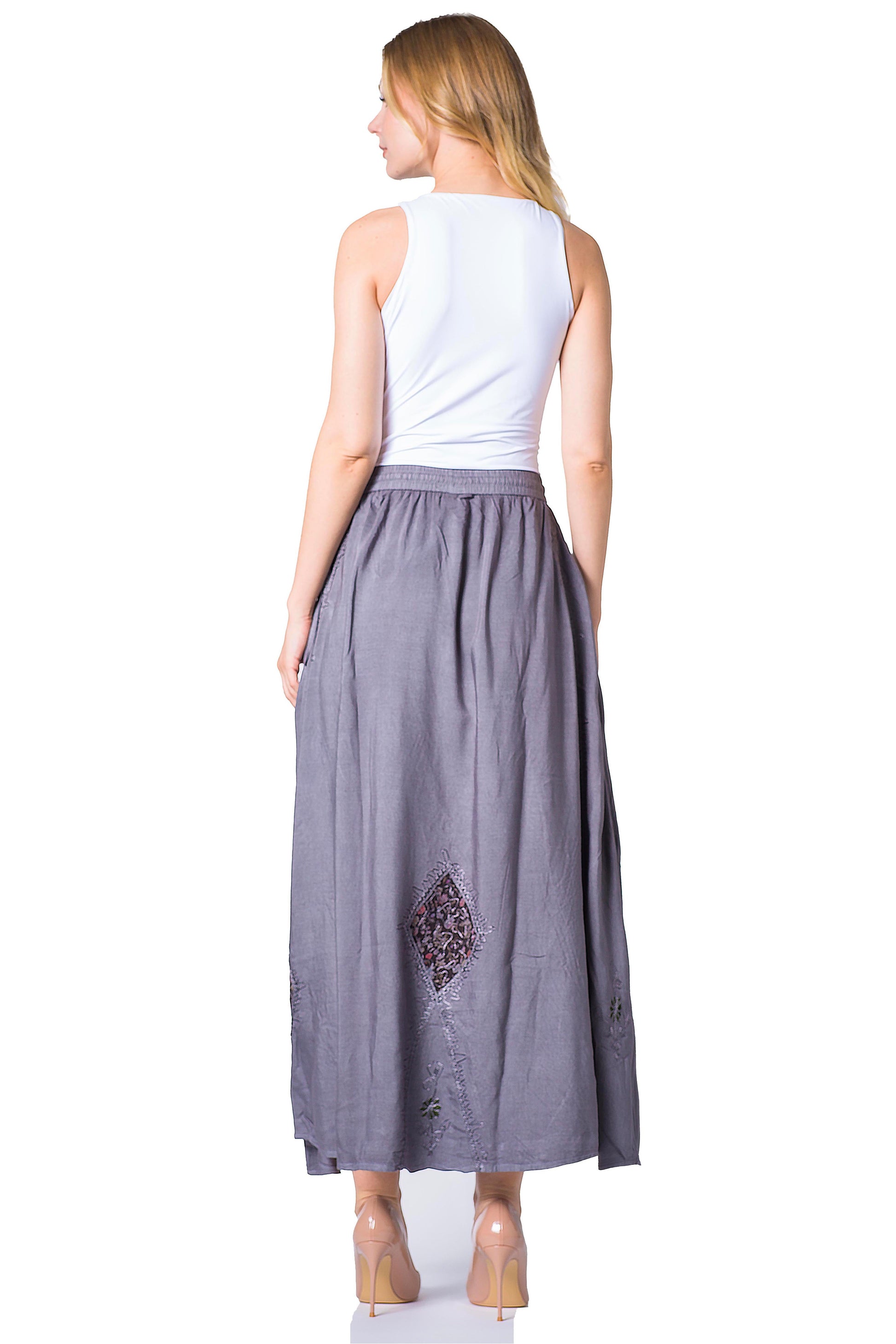 Sakkas Zarah Women's Boho Embroidery Gypsy Skirt with Lace Elastic Waist Pockets - Concordia Style Boutique