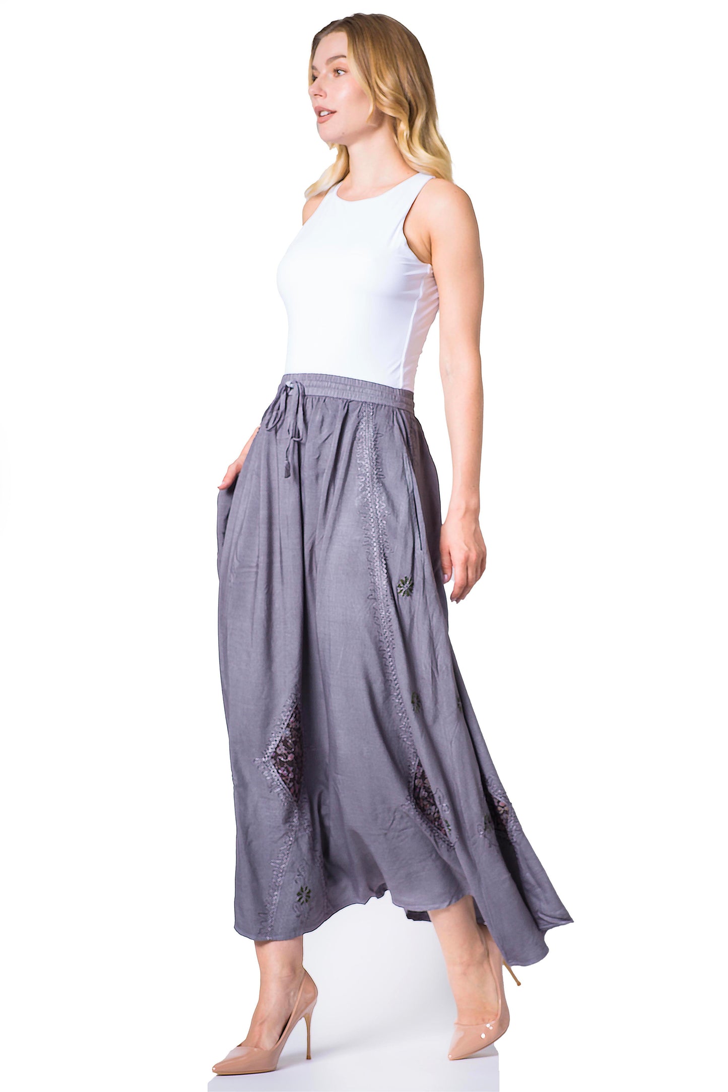 Sakkas Zarah Women's Boho Embroidery Gypsy Skirt with Lace Elastic Waist Pockets - Concordia Style Boutique