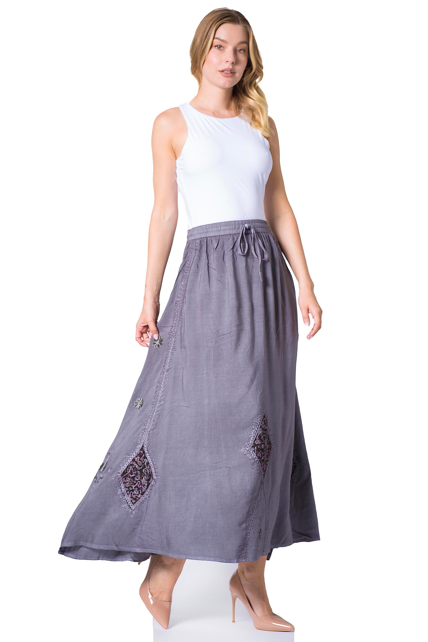 Sakkas Zarah Women's Boho Embroidery Gypsy Skirt with Lace Elastic Waist Pockets - Concordia Style Boutique