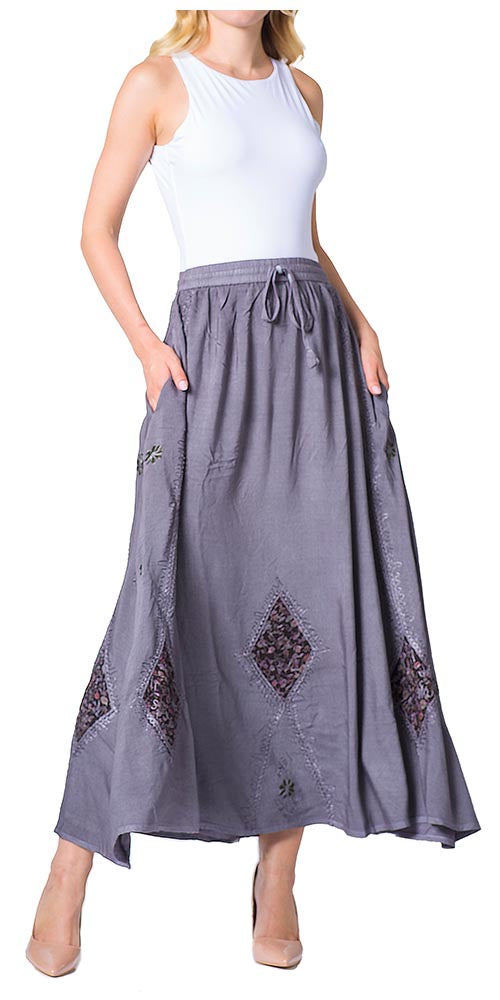 Sakkas Zarah Women's Boho Embroidery Gypsy Skirt with Lace Elastic Waist Pockets - Concordia Style Boutique