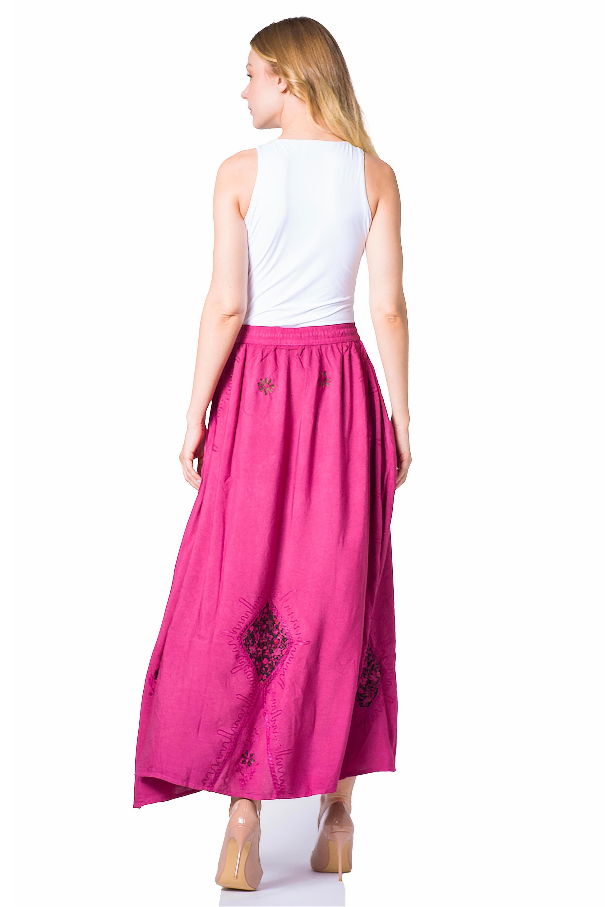 Sakkas Zarah Women's Boho Embroidery Gypsy Skirt with Lace Elastic Waist Pockets - Concordia Style Boutique