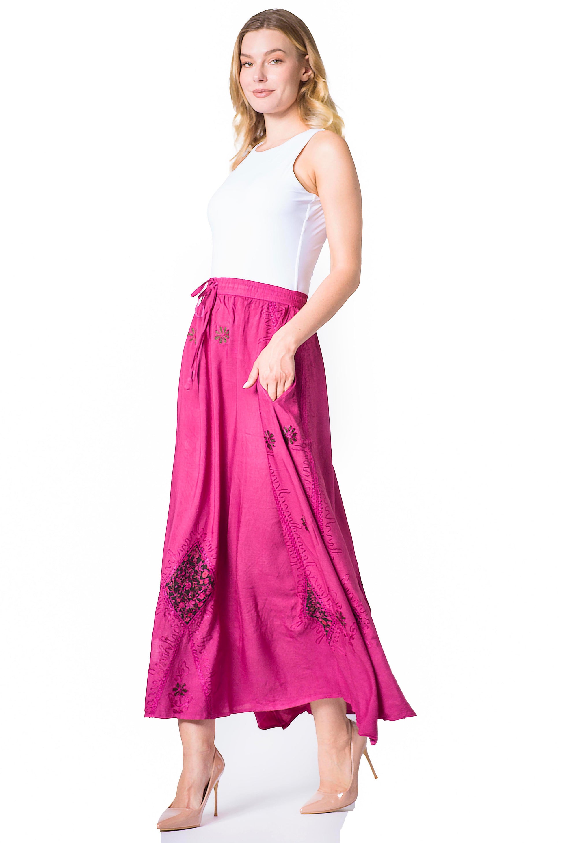 Sakkas Zarah Women's Boho Embroidery Gypsy Skirt with Lace Elastic Waist Pockets - Concordia Style Boutique