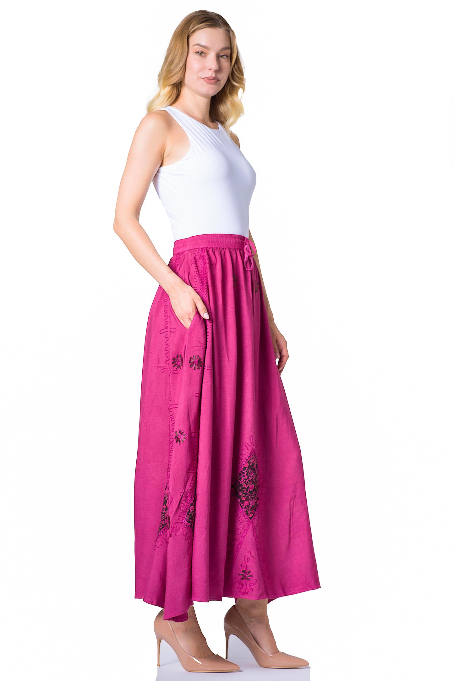 Sakkas Zarah Women's Boho Embroidery Gypsy Skirt with Lace Elastic Waist Pockets - Concordia Style Boutique