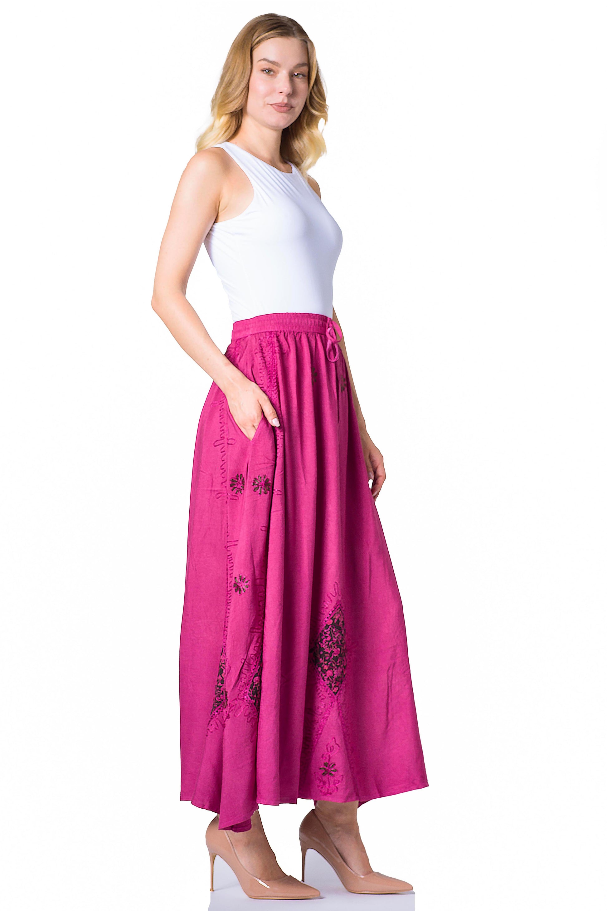 Sakkas Zarah Women's Boho Embroidery Gypsy Skirt with Lace Elastic Waist Pockets - Concordia Style Boutique