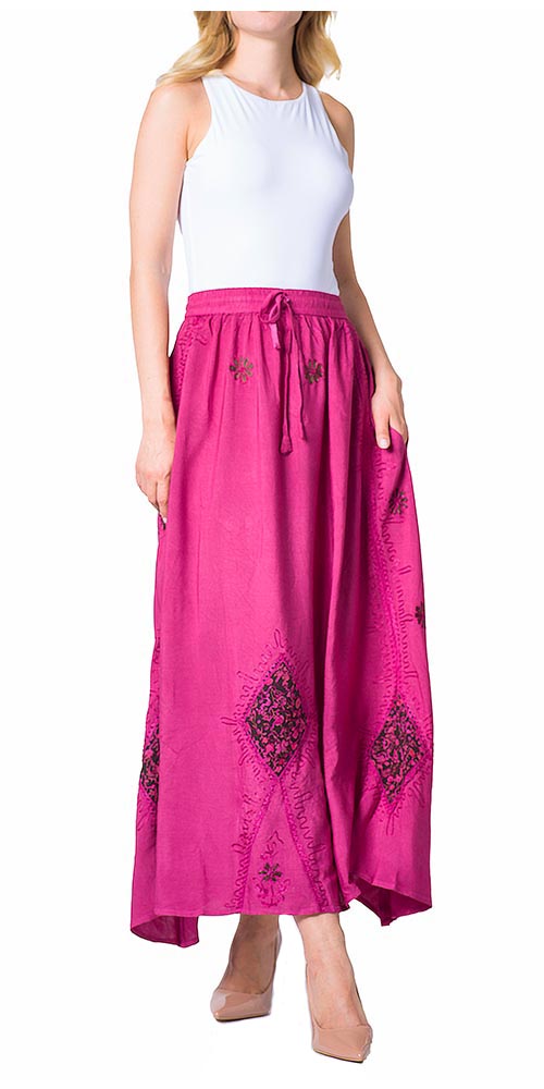 Sakkas Zarah Women's Boho Embroidery Gypsy Skirt with Lace Elastic Waist Pockets - Concordia Style Boutique