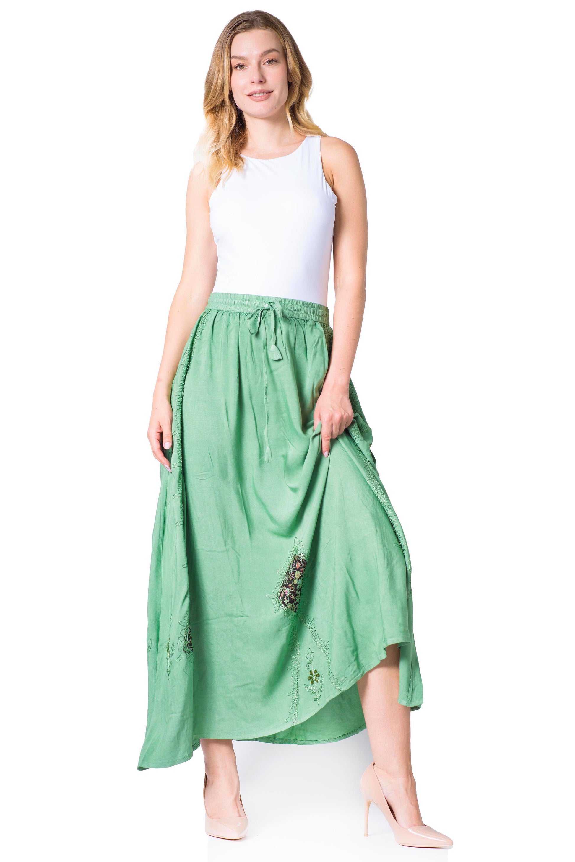 Sakkas Zarah Women's Boho Embroidery Gypsy Skirt with Lace Elastic Waist Pockets - Concordia Style Boutique