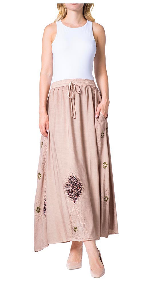 Sakkas Zarah Women's Boho Embroidery Gypsy Skirt with Lace Elastic Waist Pockets - Concordia Style Boutique